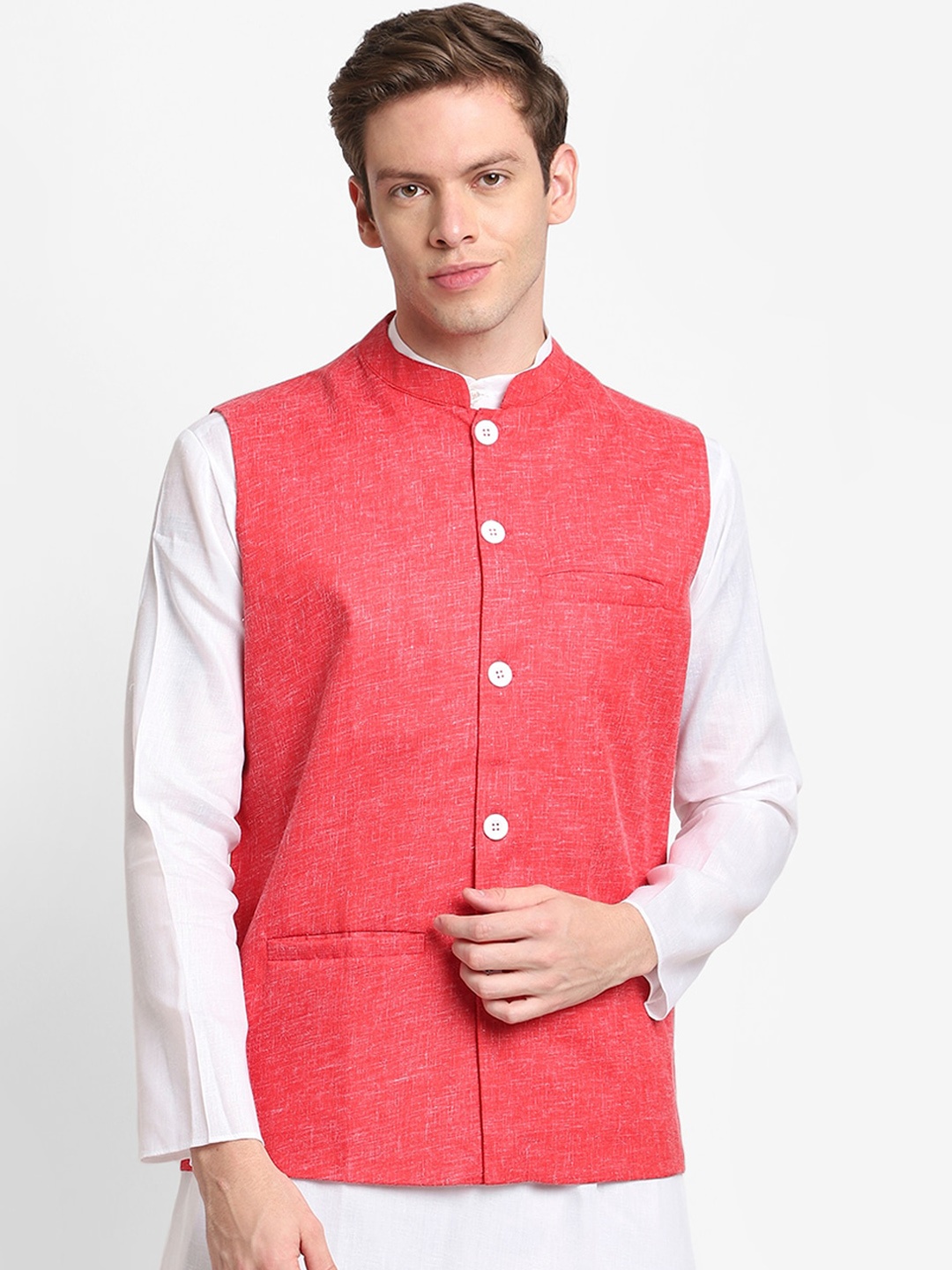 

DEVOILER Men Red Solid Woven Nehru Jackets