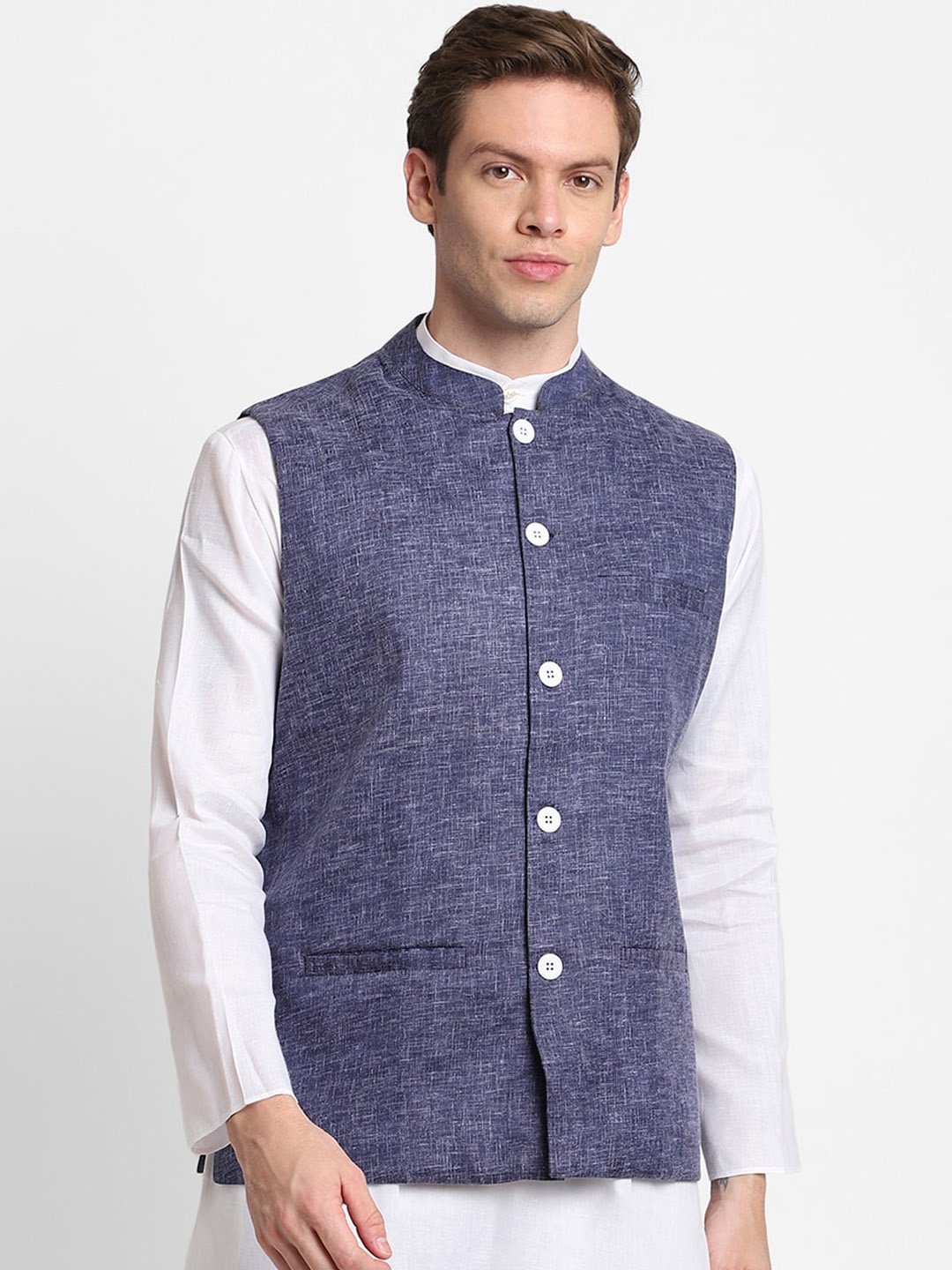 

DEVOILER Men Navy Blue Self Design Woven Nehru Jacket