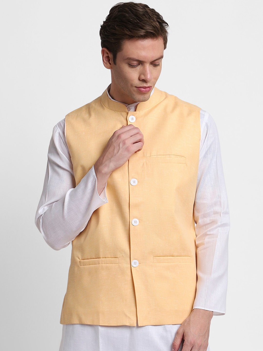 

DEVOILER Men Orange Self Design Nehru Jacket