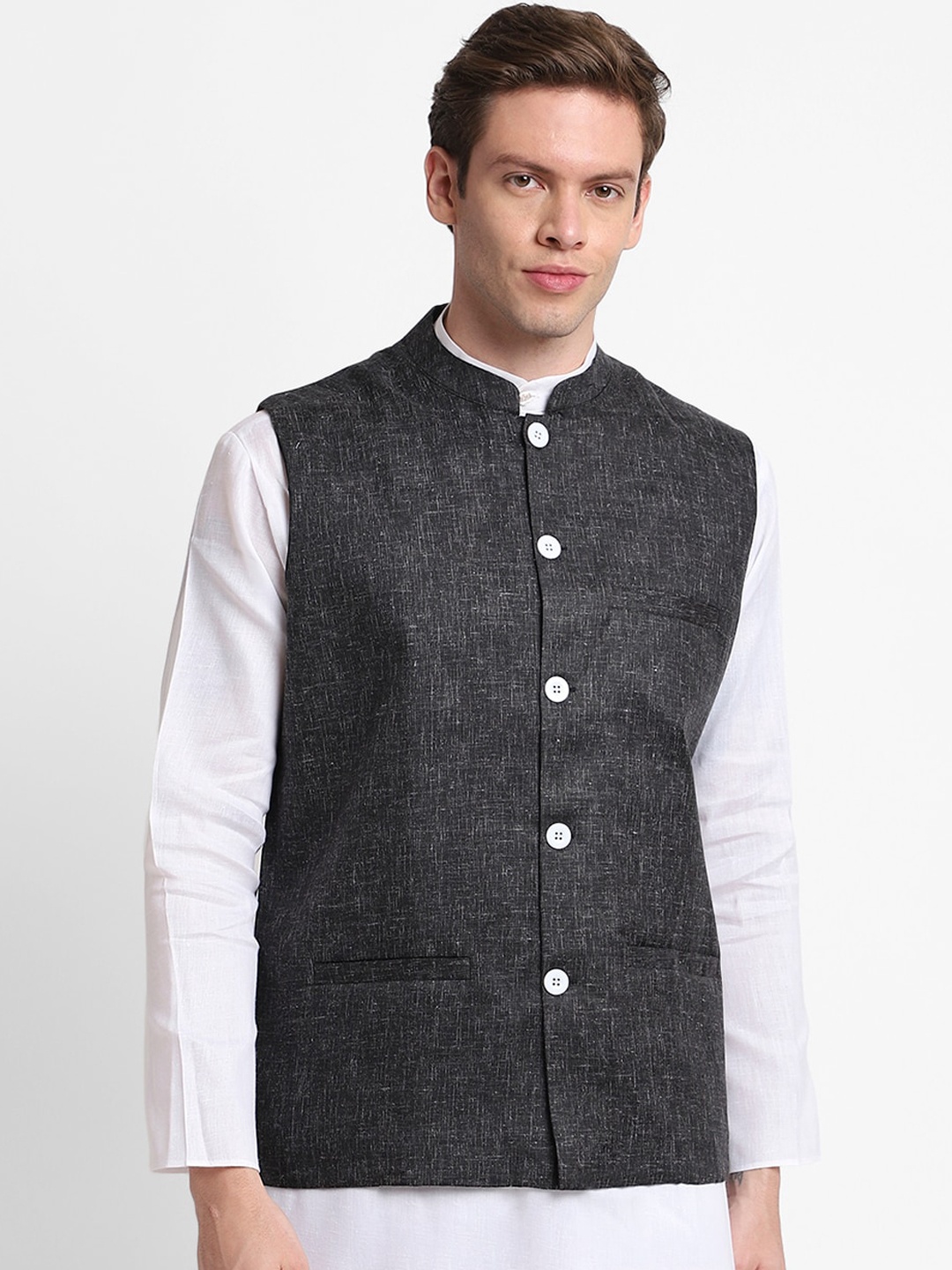 

DEVOILER Men Black Self Design Woven Nehru Jacket