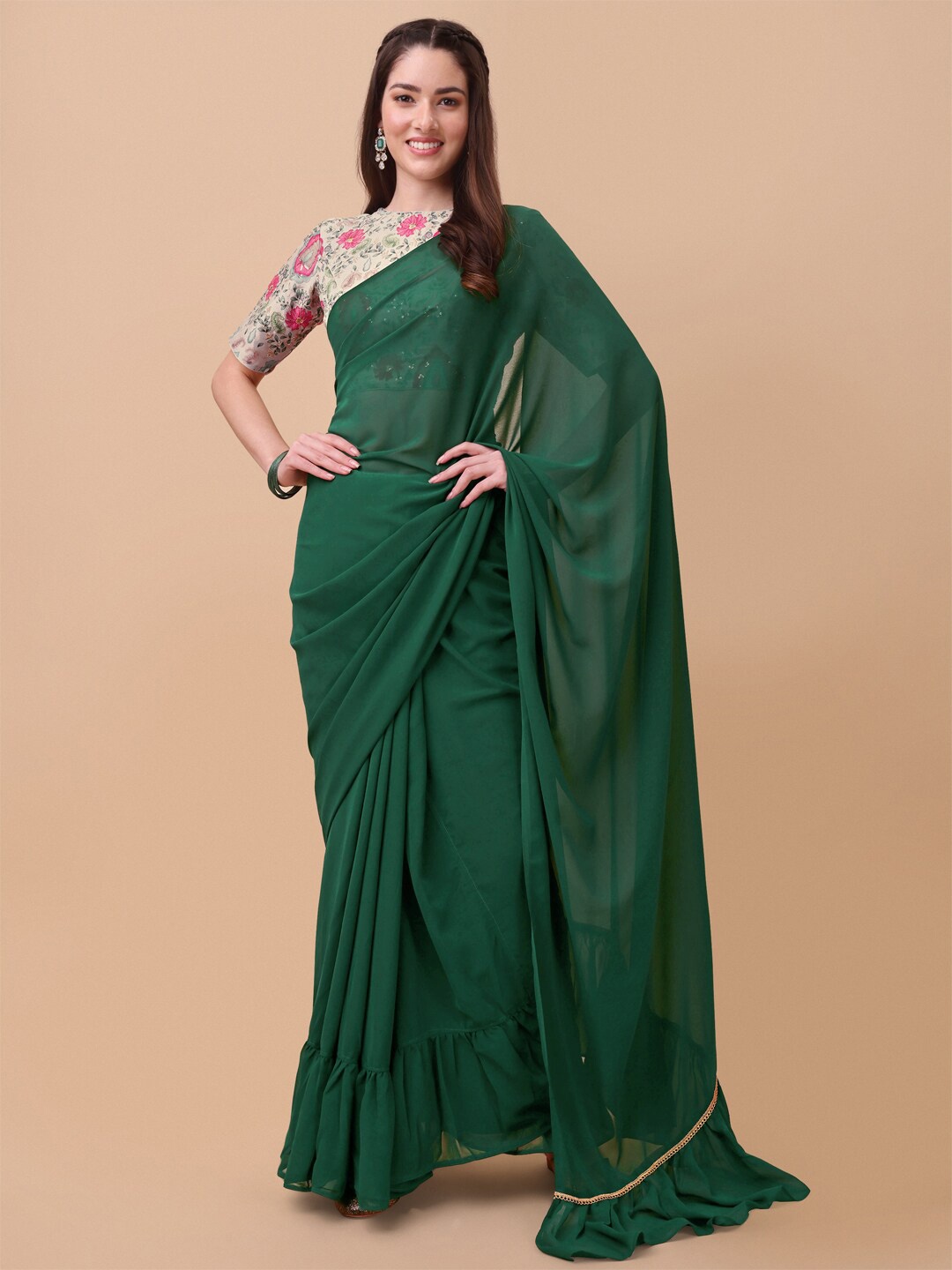 

Sangria Women Green Solid Ruffled Saree with Embroidered Blouse Piece
