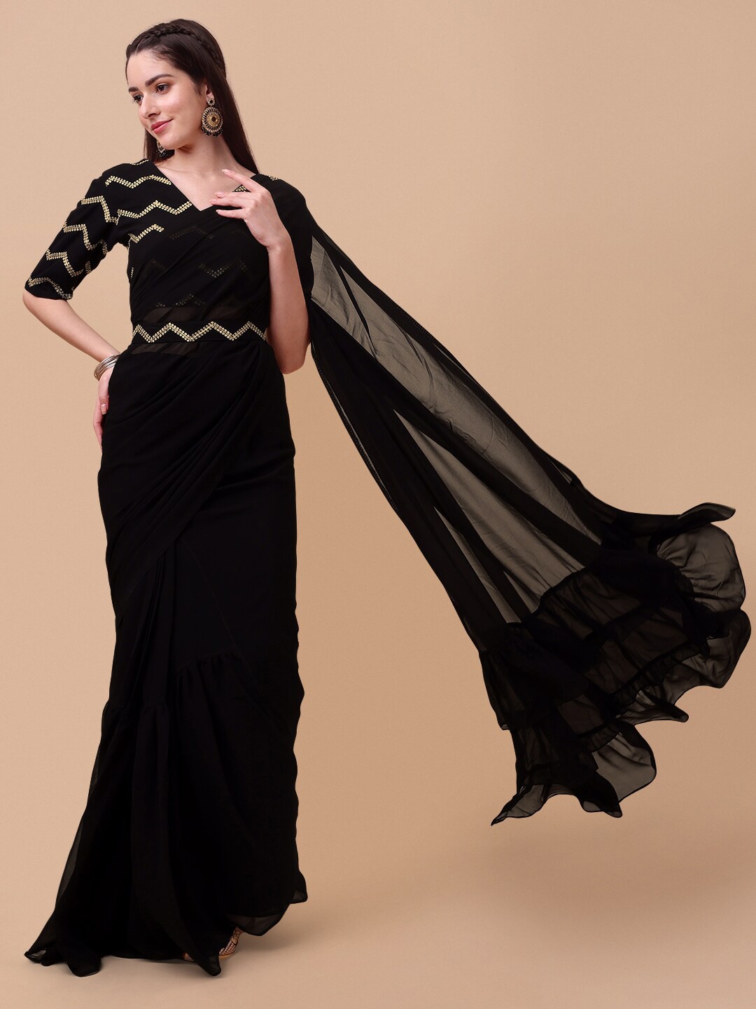 

Sangria Black & Gold-Toned Ruffle Saree
