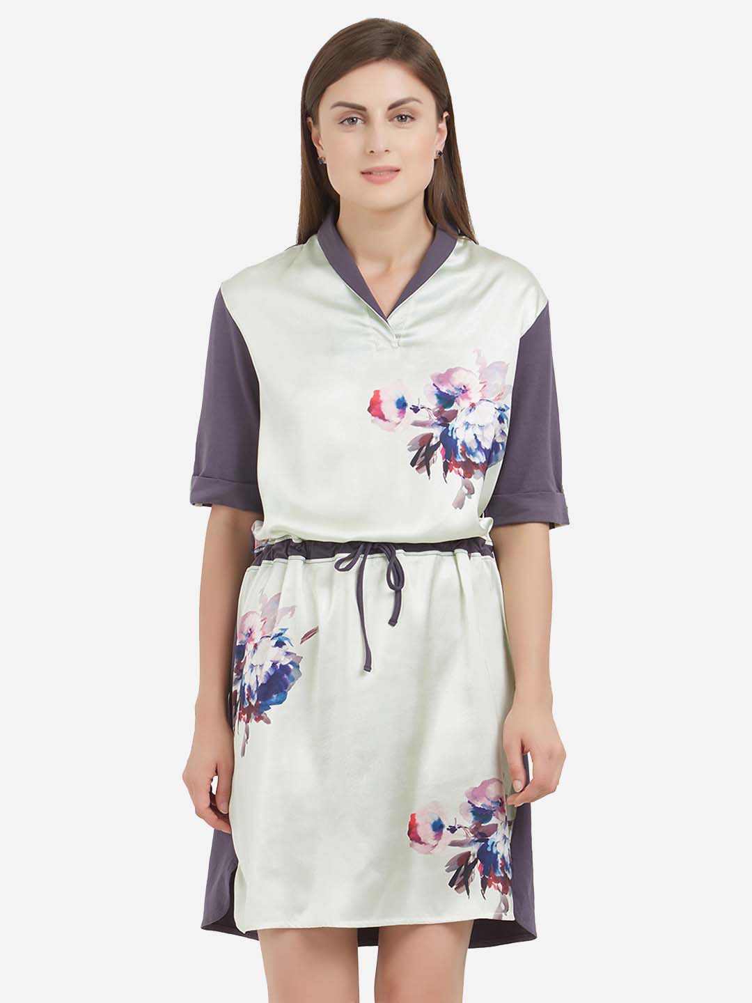 

Soie Purple Printed Knee Length Nightdress