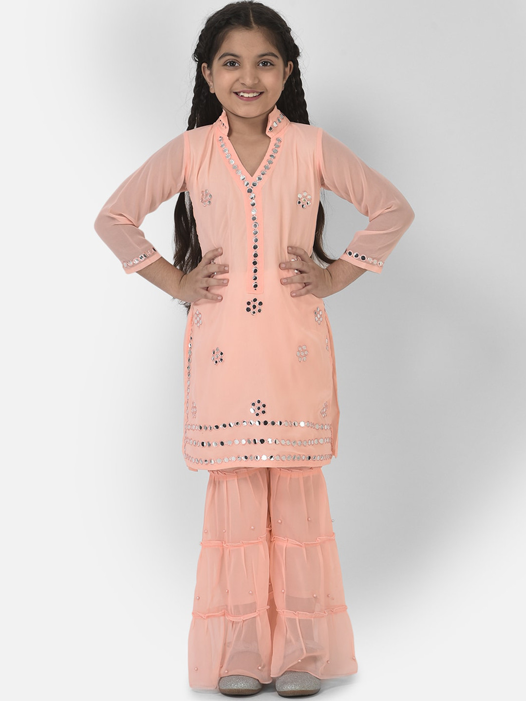 

FNOCKS Girls Orange Mirror Work Embroidered Kurti with Sharara Set