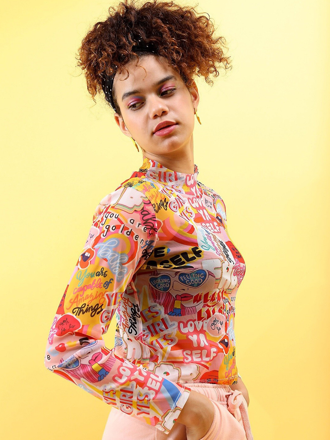 

Tokyo Talkies Women Multicoloured Graphic Printed High Neck Top, Multi