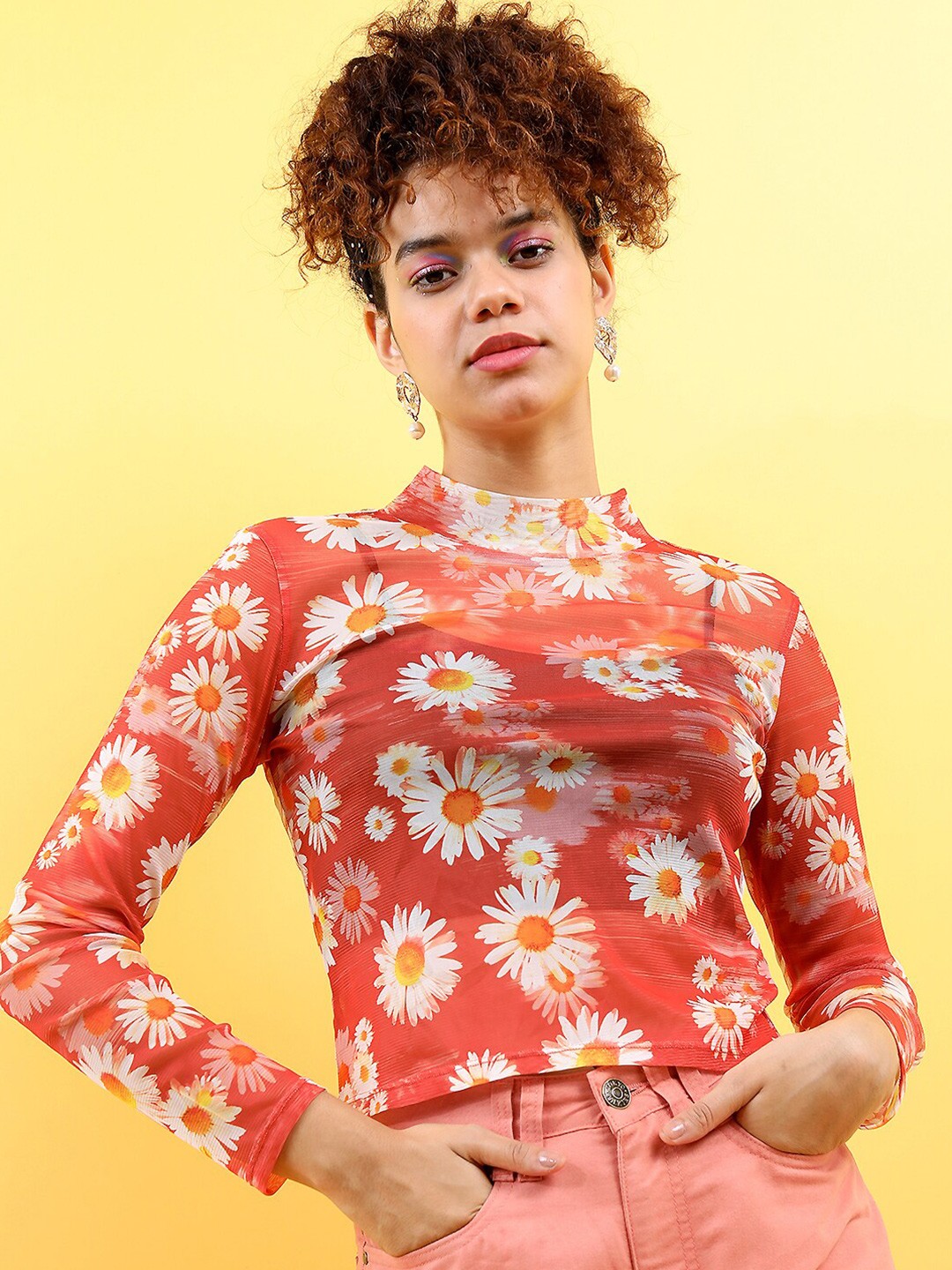 

Tokyo Talkies Rust & White Floral Printed Crop Top
