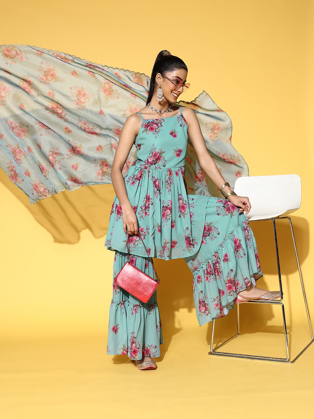 

Sunehri Floral Printed Spaghetti Straps Kurta & Sharara Set, Turquoise blue
