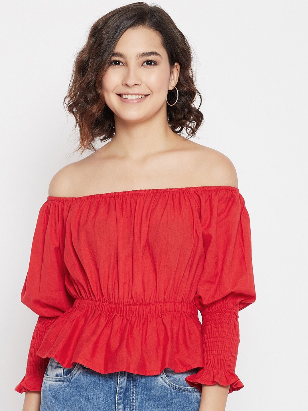

JHANKHI Women Red Off-Shoulder Bardot Pure Cotton Top