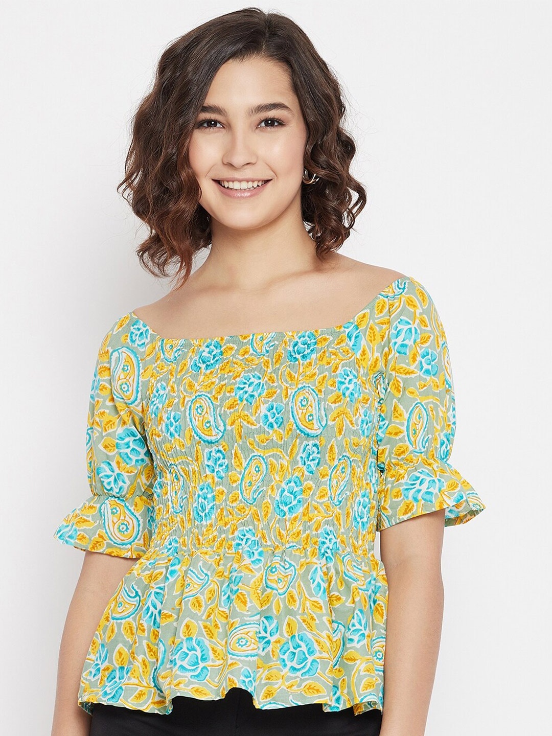 

JHANKHI Women Mustard Yellow & Blue Print Peplum Pure Cotton Top