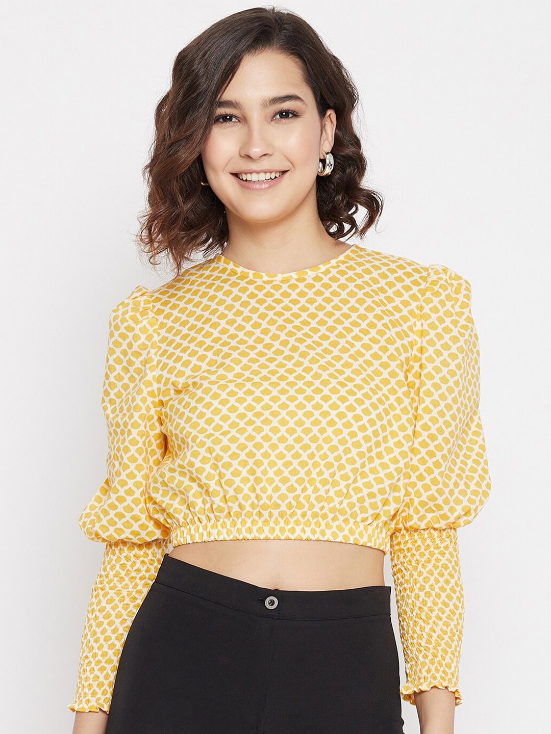 

JHANKHI Women Yellow & White Print Crop Pure Cotton Top