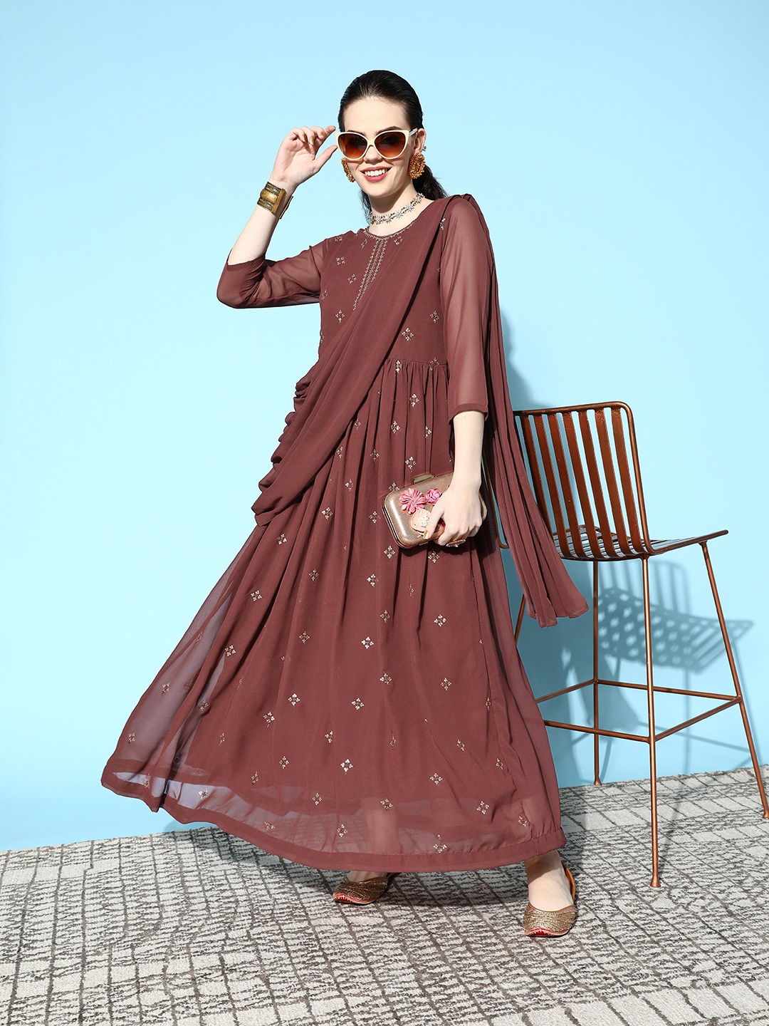 

Sunehri Brown Ethnic Motifs Embroidered Sequinned Georgette Anarkali Maxi Dress