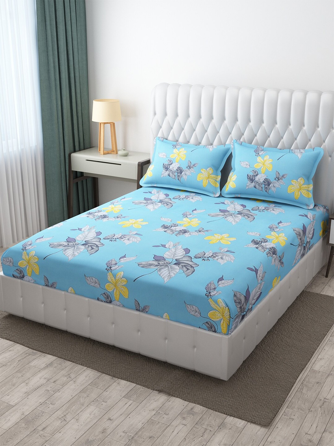 

MULTITEX Blue & Grey Floral 300 TC King Bedsheet with 2 Pillow Covers