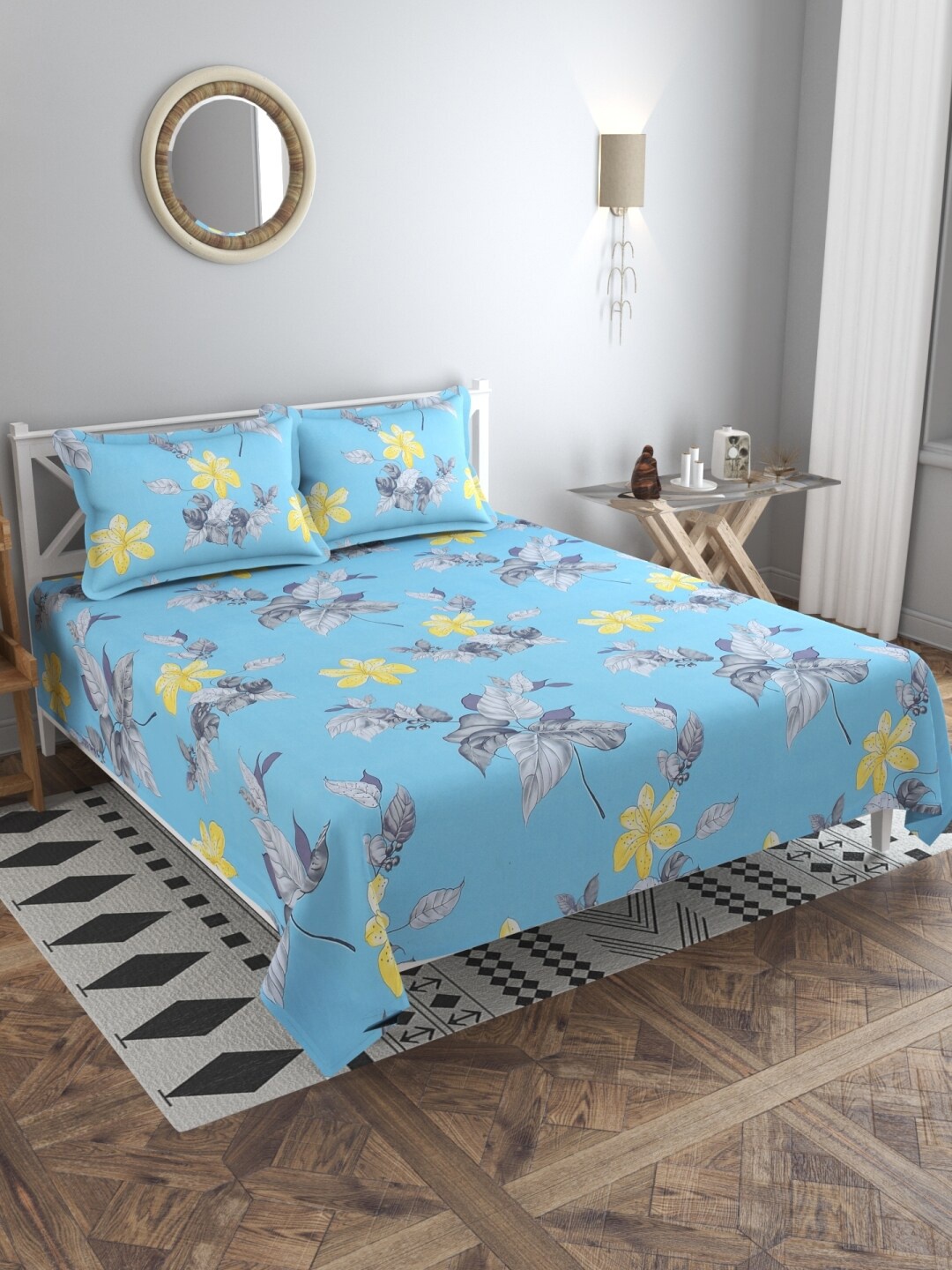 

MULTITEX Blue & Grey Floral 300 TC King Bedsheet with 2 Pillow Covers