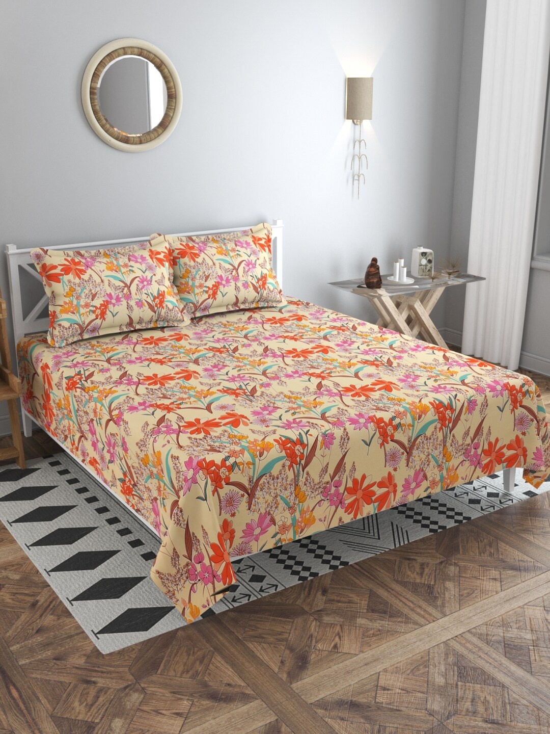 

MULTITEX Orange & Yellow Floral 300 TC King Bedsheet with 2 Pillow Covers