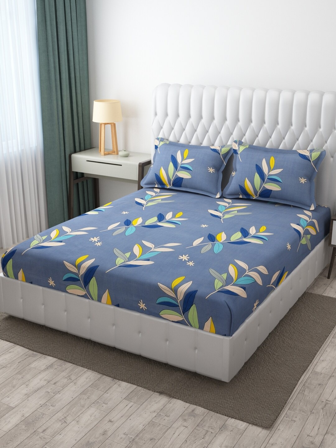 

MULTITEX Grey & Yellow Floral 300 TC King Bedsheet with 2 Pillow Covers