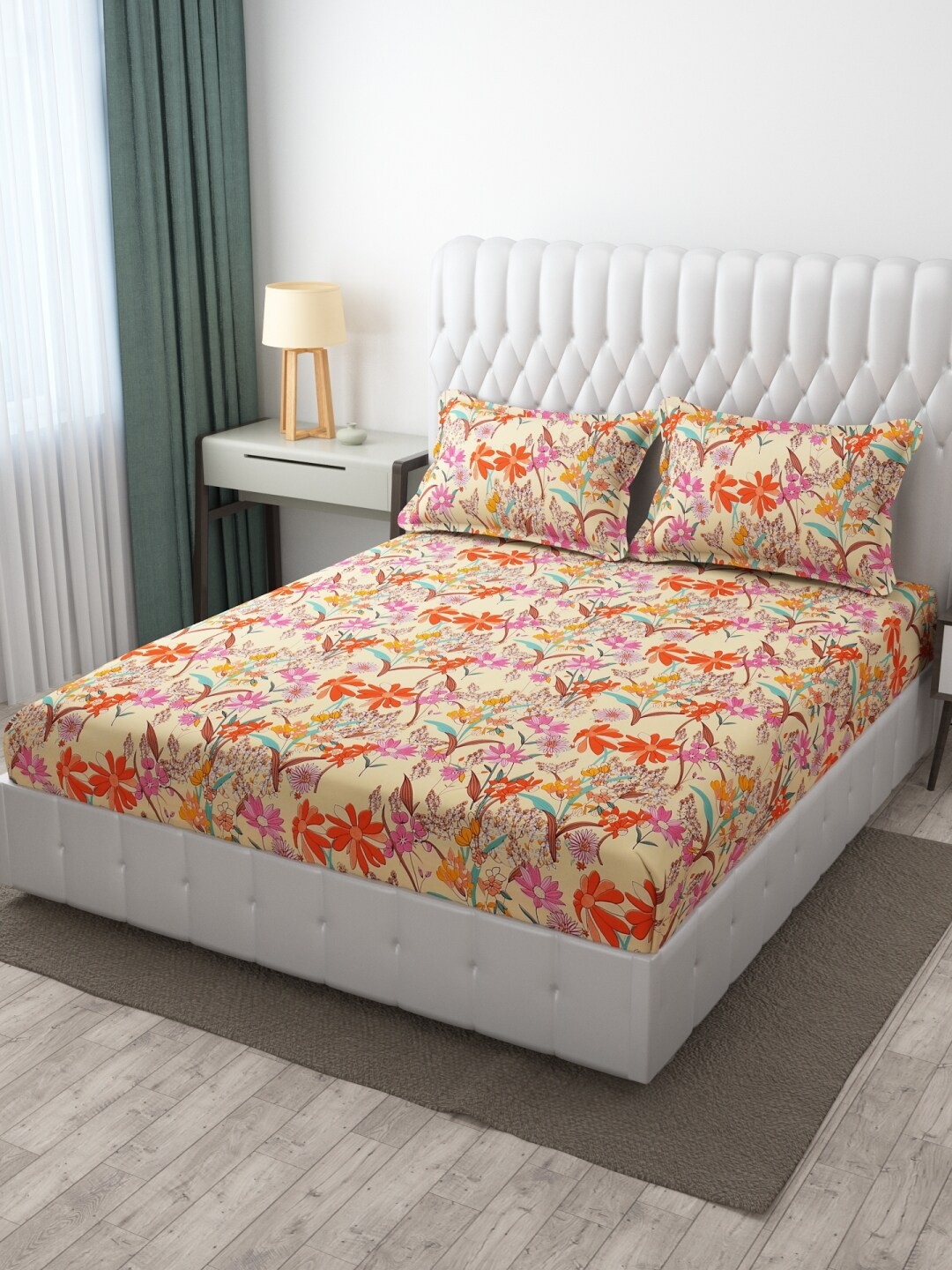 

MULTITEX Orange & Pink Floral 300 TC King Bedsheet with 2 Pillow Covers