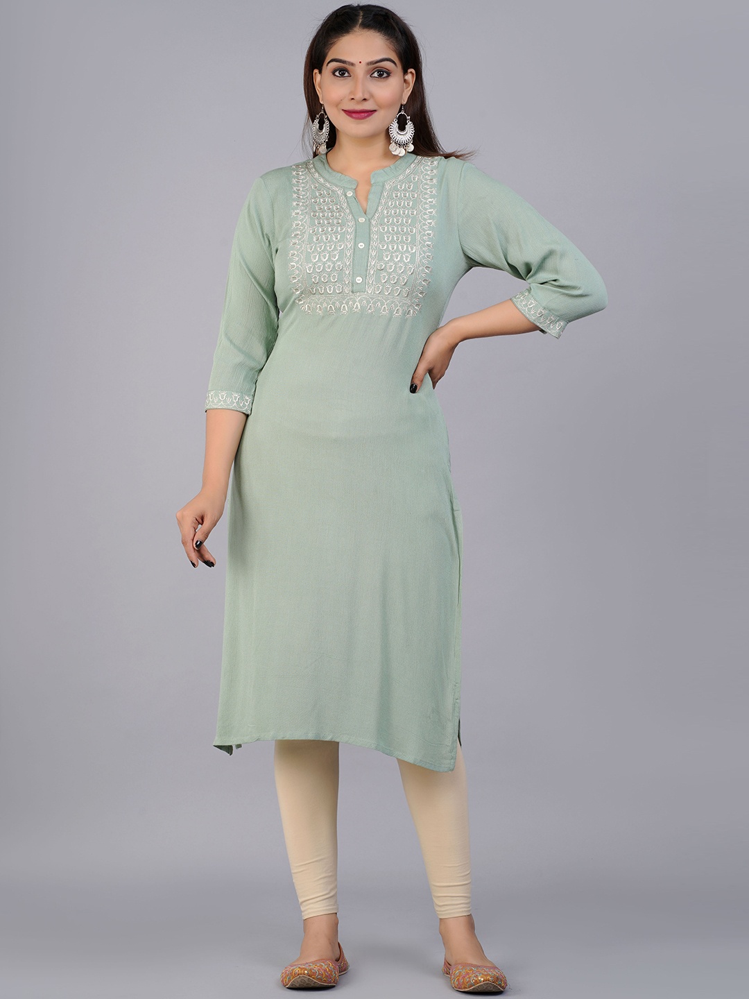 

PREKSHA Women Green & Beige Ethnic Motifs Yoke Design Thread Work Pastels Kurta