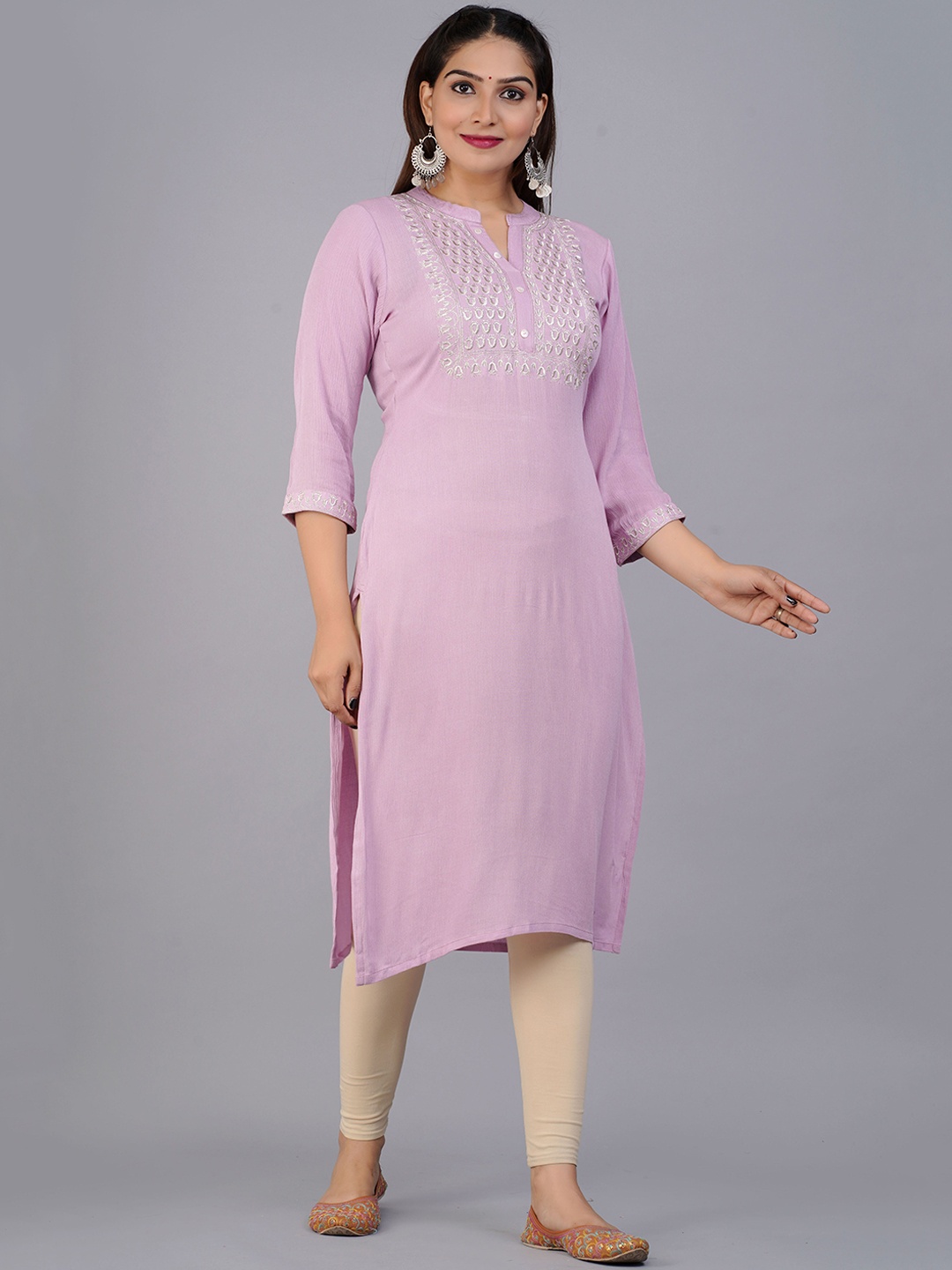 

PREKSHA Women Purple & Beige Ethnic Motifs Yoke Design Thread Work Pastels Kurta