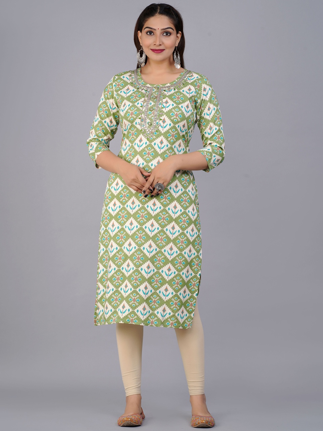 

PREKSHA Women Green & White Ethnic Motifs Printed Pastels Kurta