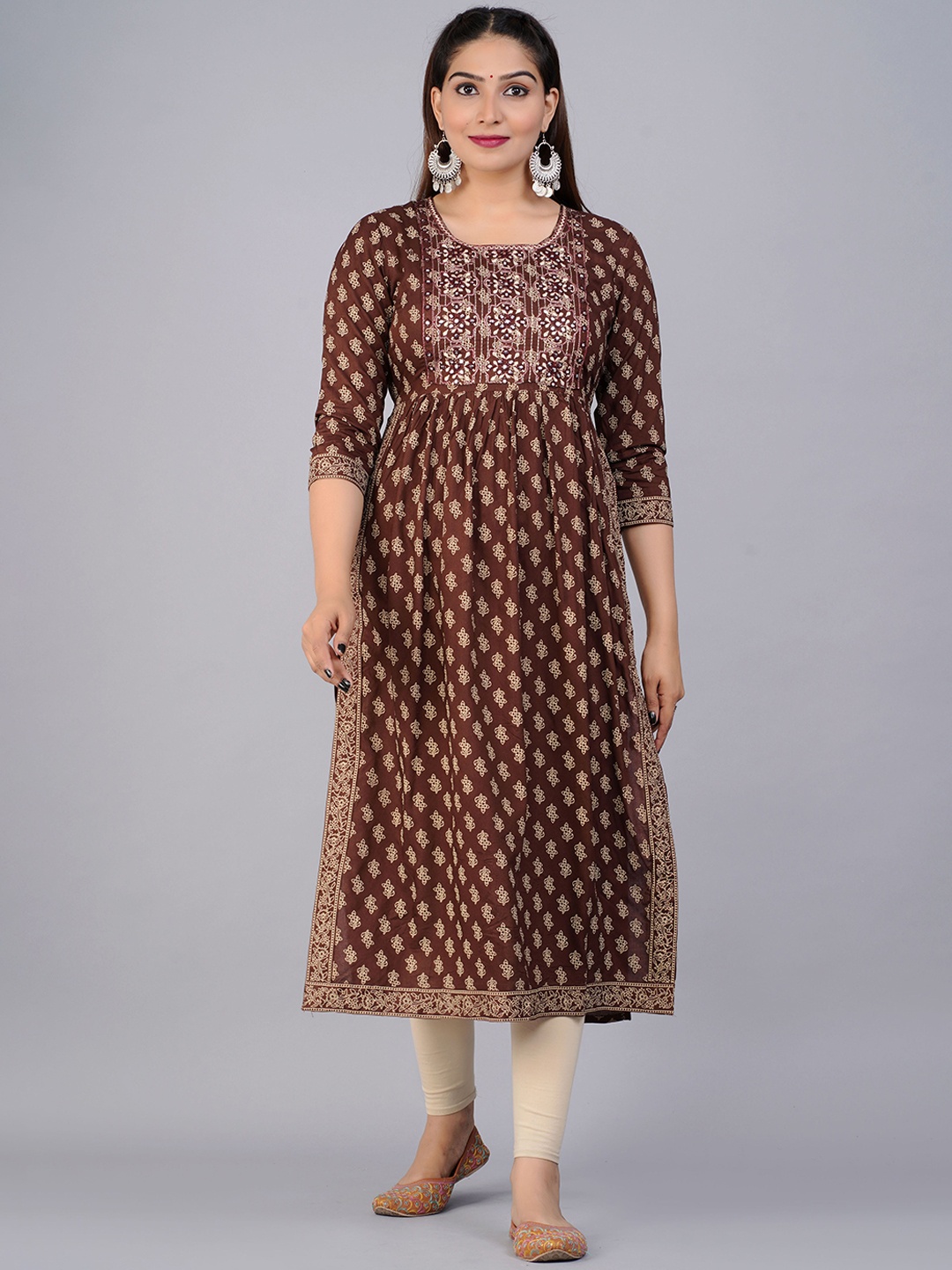 

PREKSHA Women Brown & Beige Ethnic Motifs Printed Mirror Work Kurta