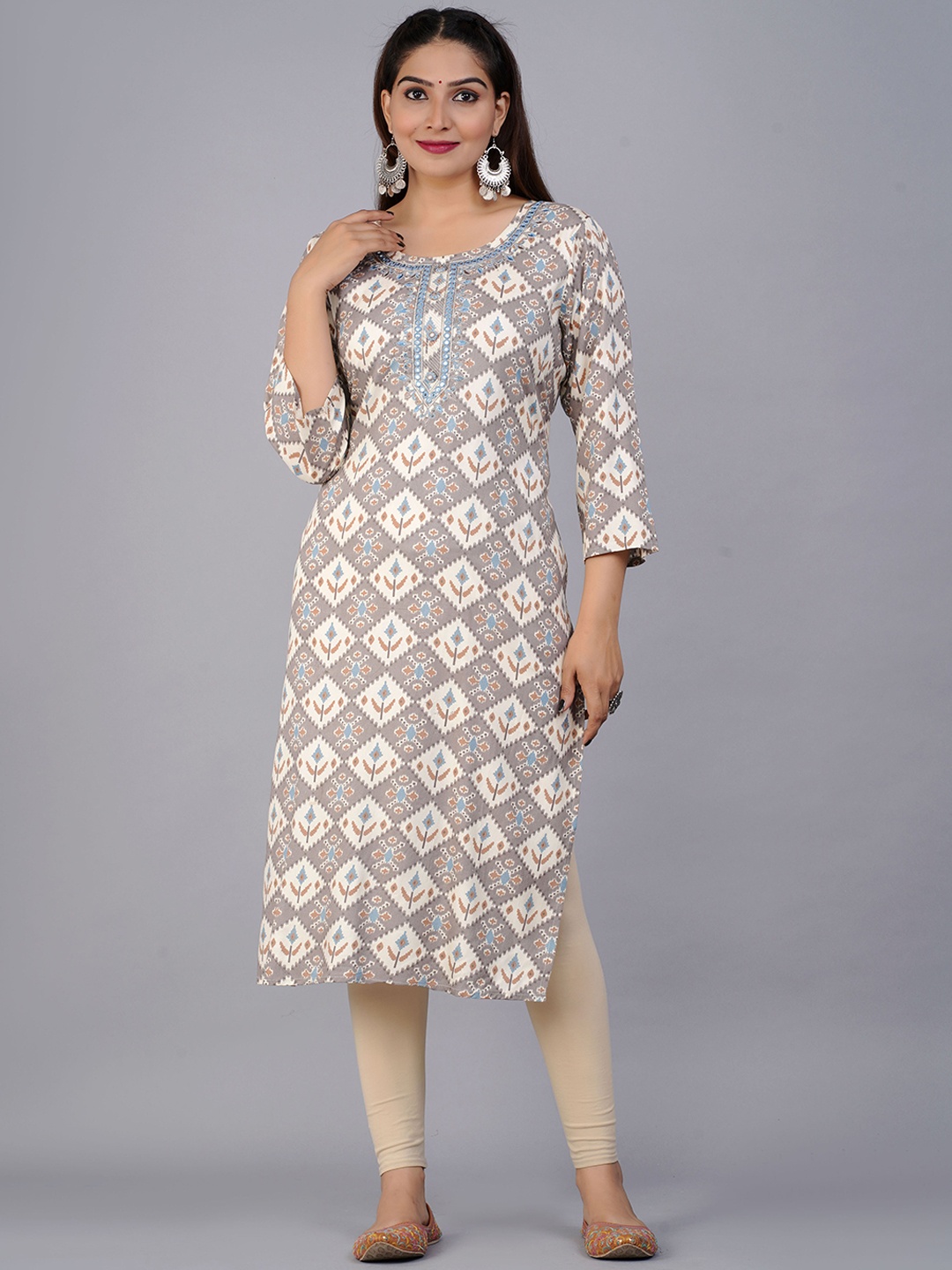 

PREKSHA Women Grey & Cream-Coloured Ethnic Motifs Printed Mirror Work Pastels Kurta