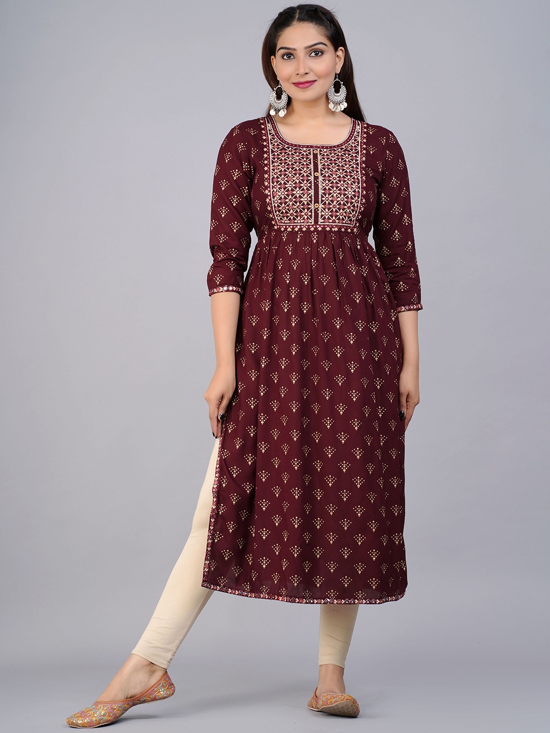 

PREKSHA Women Maroon & Cream-Coloured Ethnic Motifs Printed Thread Work Kurta