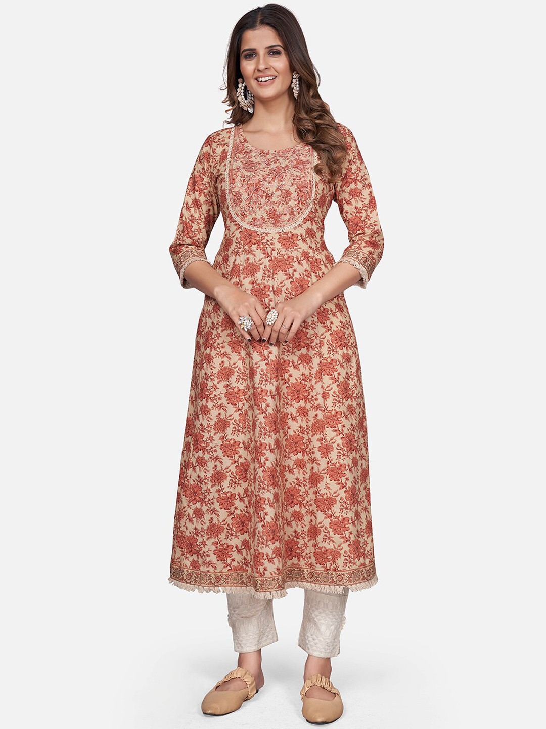 

Vbuyz Women Coral & Peach-Coloured Ethnic Motifs Printed Anarkali Kurta
