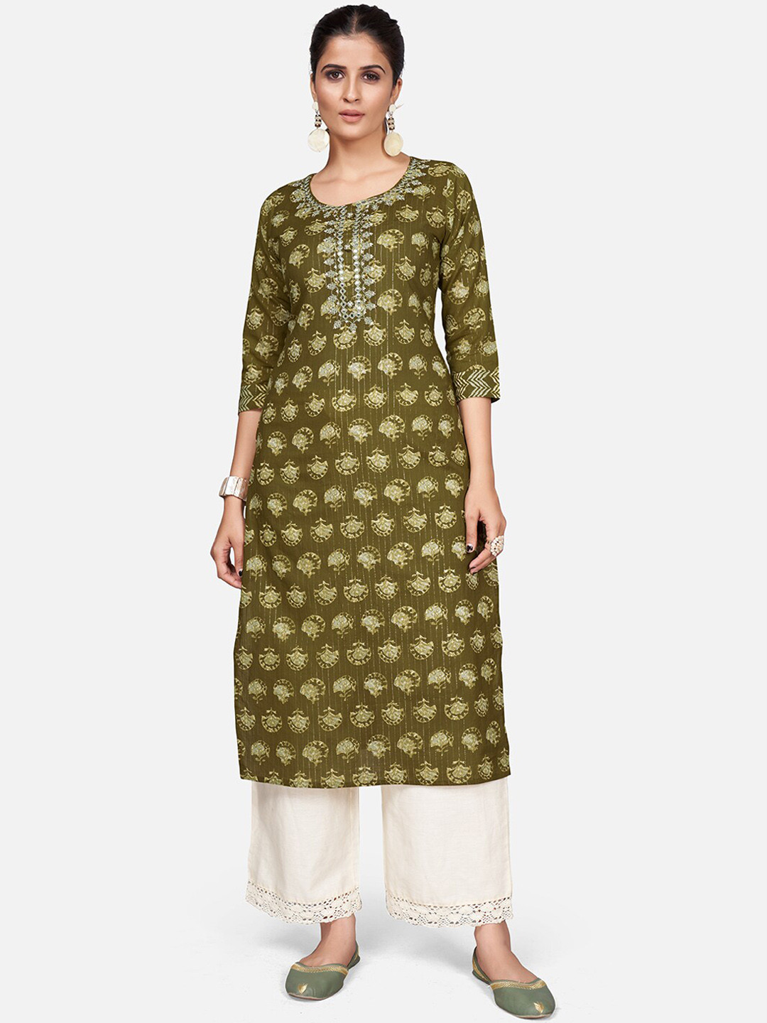 

Vbuyz Women Green & Off White Ethnic Motifs Printed Thread Work Cotton Kurta