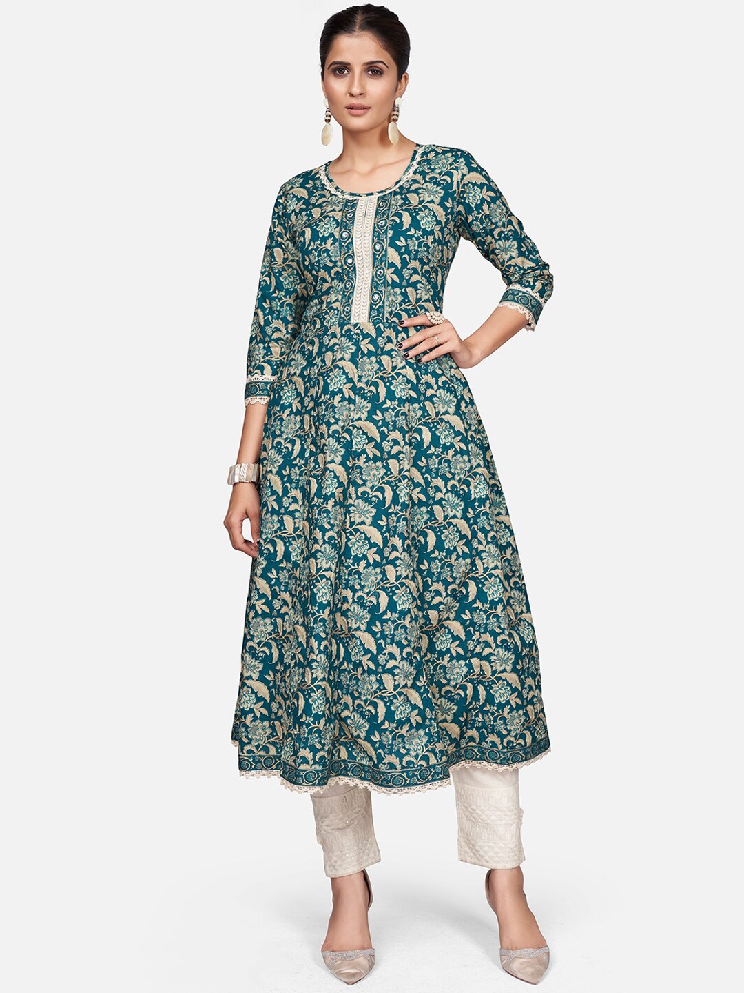 

Vbuyz Women Teal & Beige Floral Printed Thread Work Cotton Anarkali Kurta