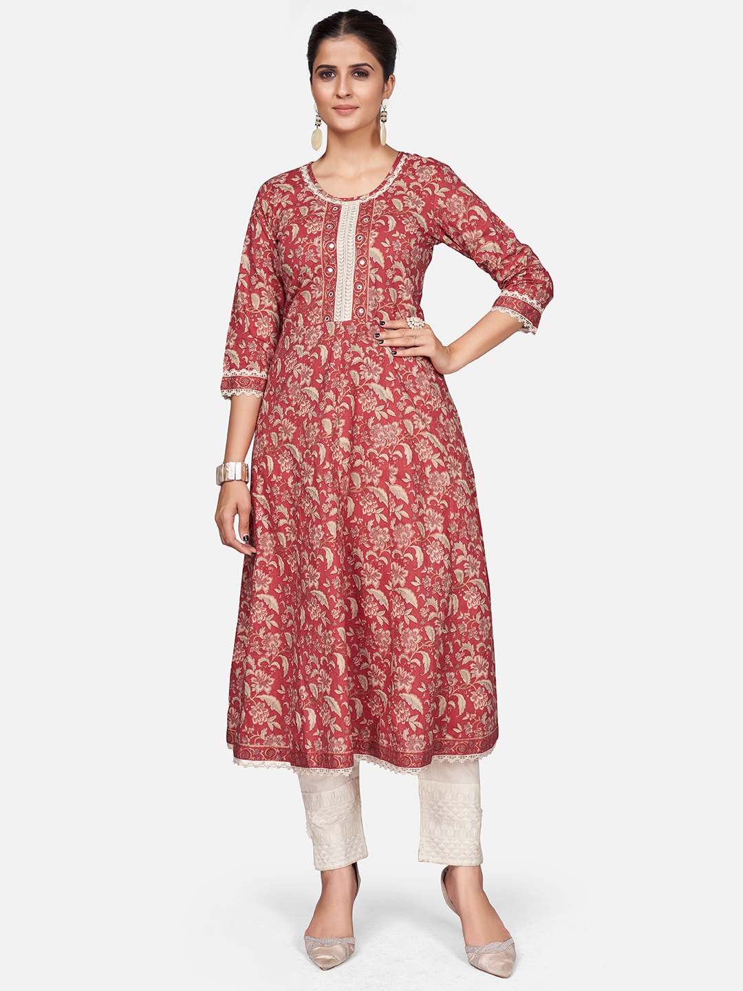 

Vbuyz Women Red & Beige Floral Printed Thread Work Cotton Anarkali Kurta
