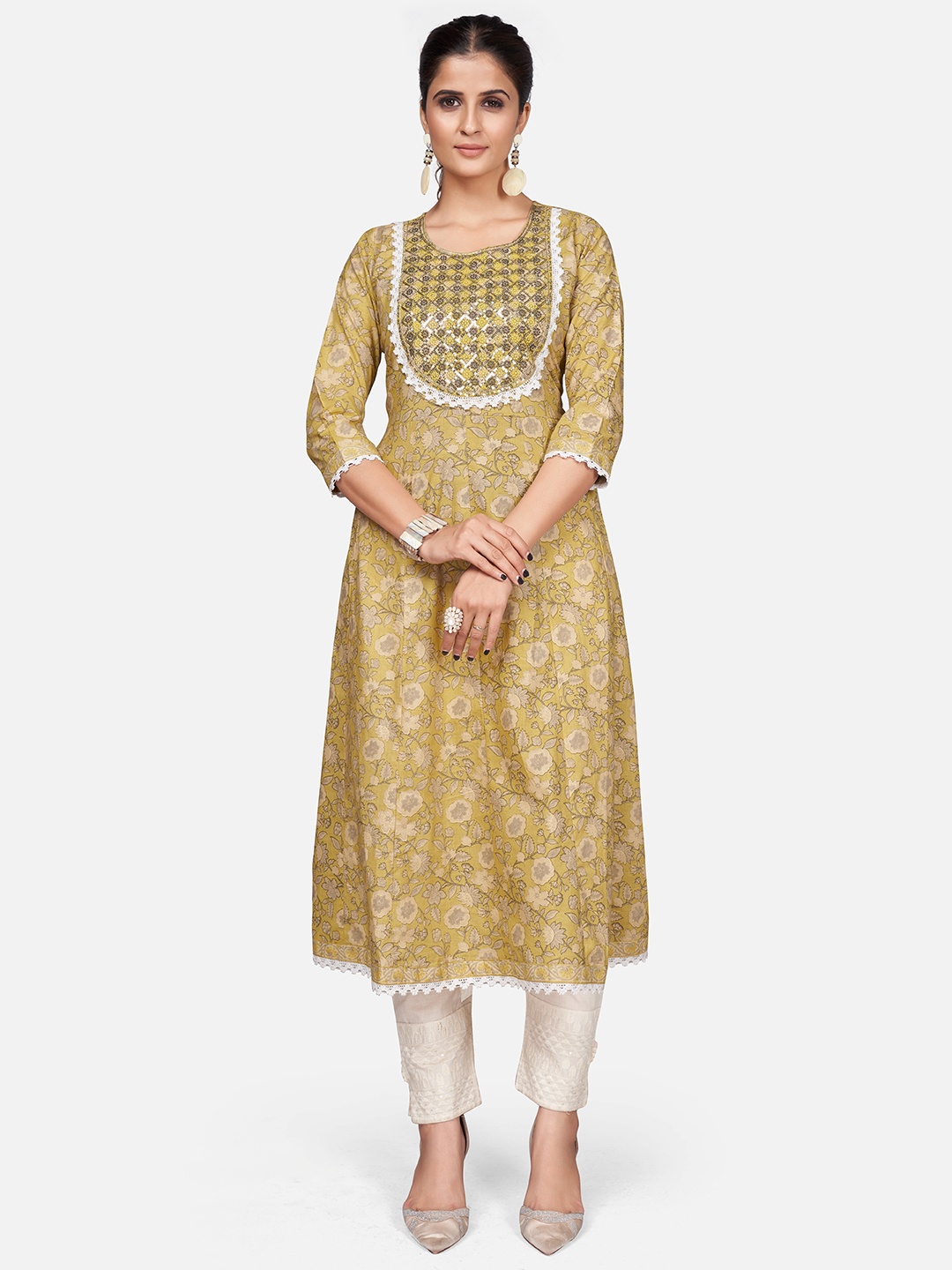 

Vbuyz Women Green & Beige Ethnic Motifs Printed Cotton Kurta