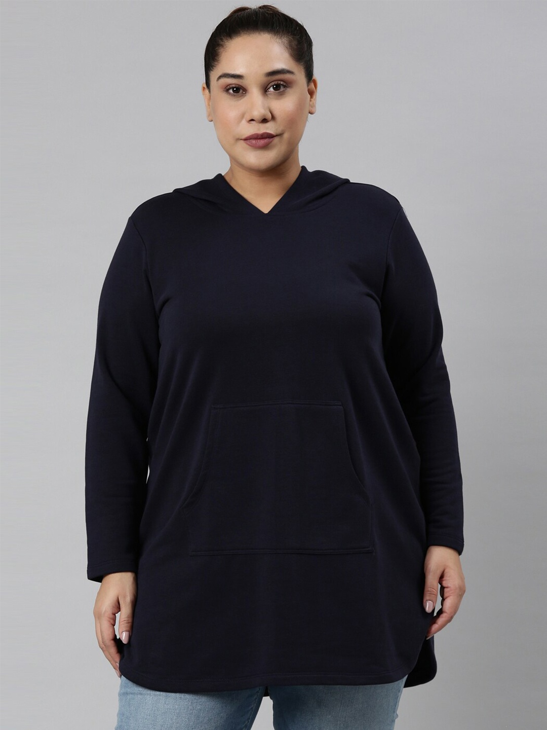 

The Pink Moon Women Plus Size Navy Blue Solid Cotton Hooded Sweatshirt