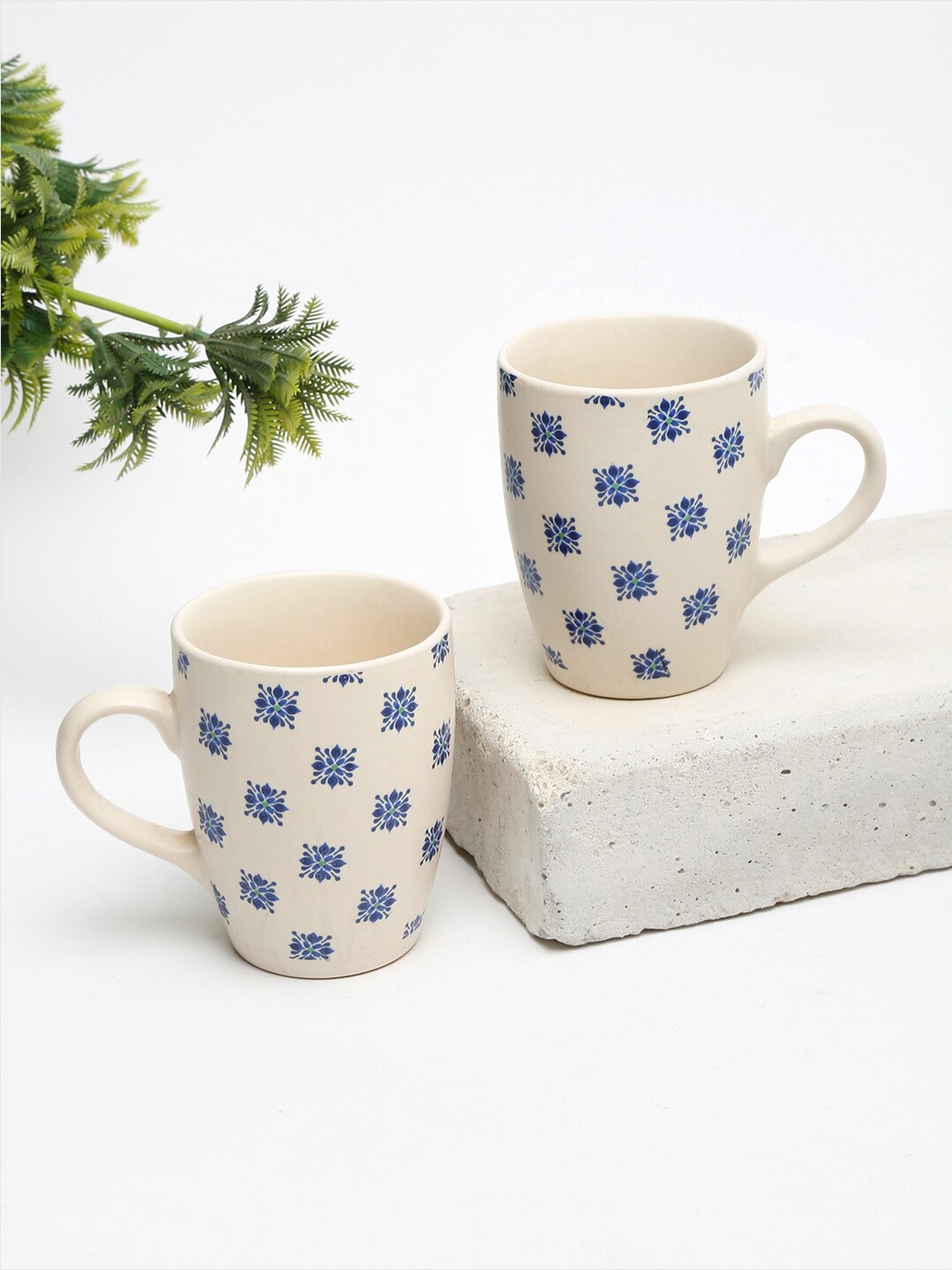 

EK BY EKTA KAPOOR White & Blue Set Of 2 Mosaic Printed Ceramic Mugs 240 ml Each