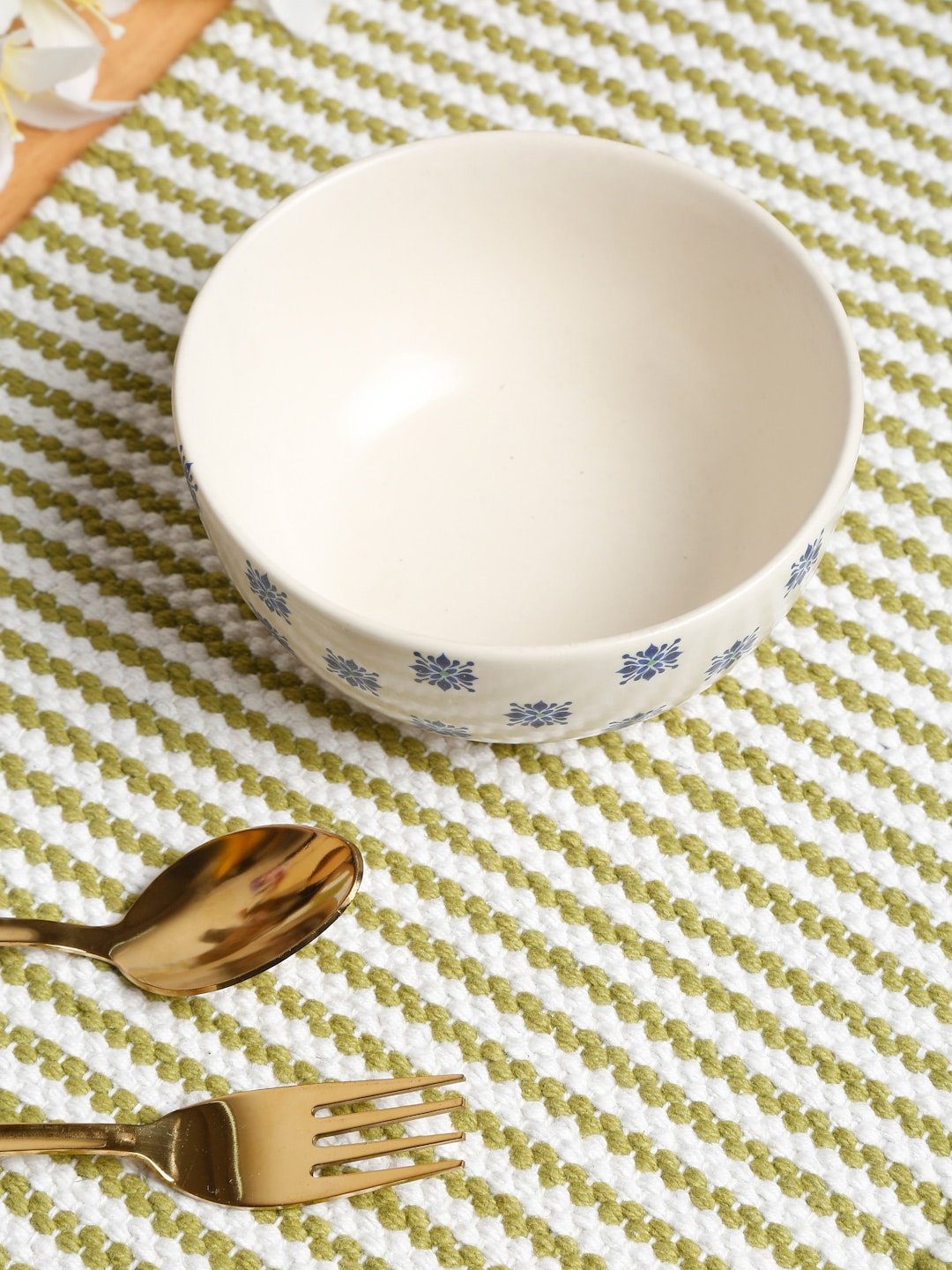 

EK BY EKTA KAPOOR White & Blue Mosaic Printed Handcrafted Ceramic Serving Bowl 500 ml