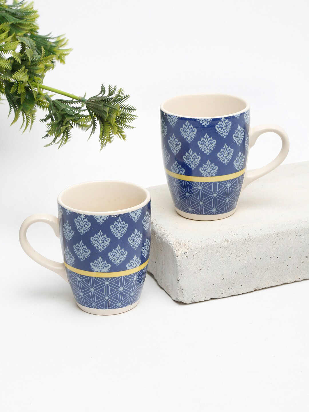 

EK BY EKTA KAPOOR White & Blue Set Of 2 Mosaic Printed Ceramic Mugs 240 ml Each
