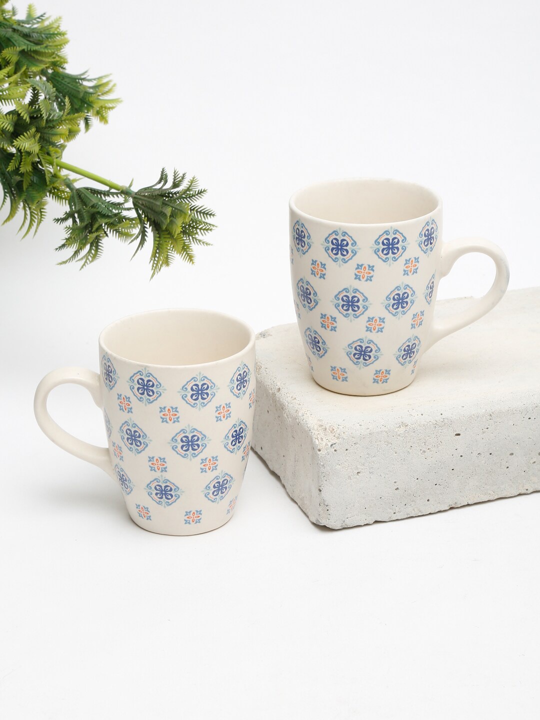 

EK BY EKTA KAPOOR White & Blue Set Of 2 Mosaic Printed Ceramic Mugs 240 ml Each, Off white