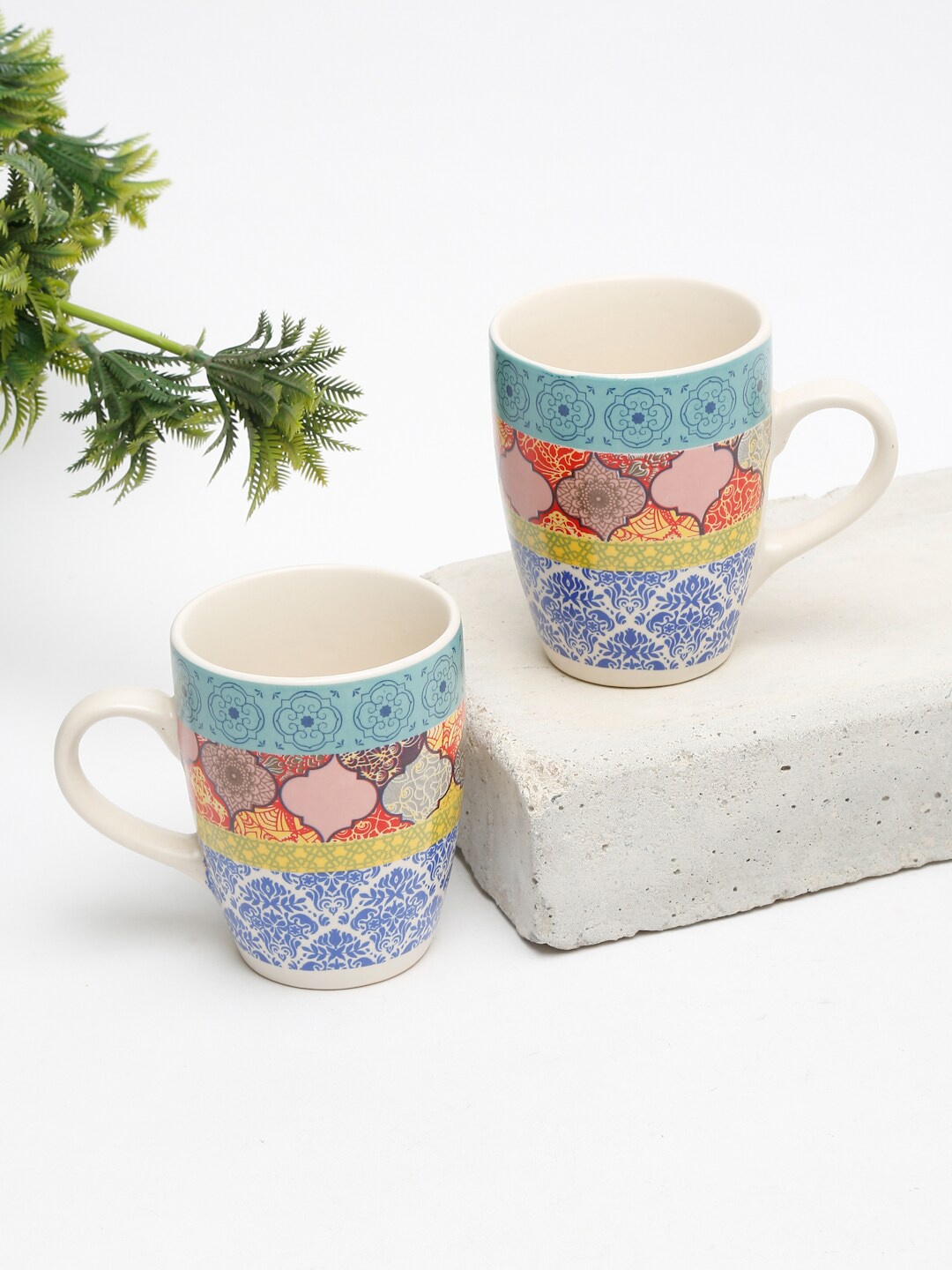 

EK BY EKTA KAPOOR White & Blue Set Of 2 Mosaic Printed Ceramic Mugs 240 ml Each