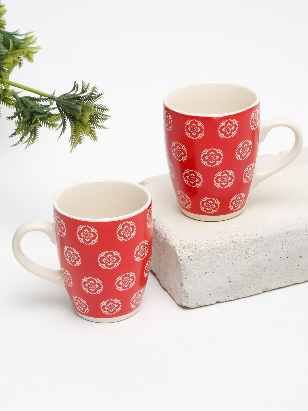 

EK BY EKTA KAPOOR White & Red Set Of 2 Mosaic Printed Ceramic Mugs 240 ml Each, Rust
