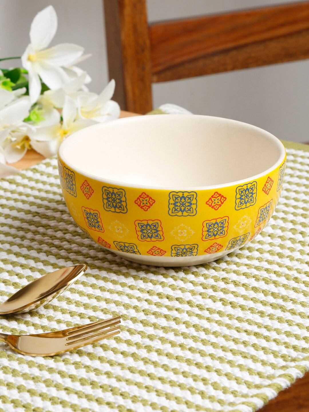 

EK BY EKTA KAPOOR Mosaic Yellow Printed Handcrafted Ceramic Glazed Serving Bowl