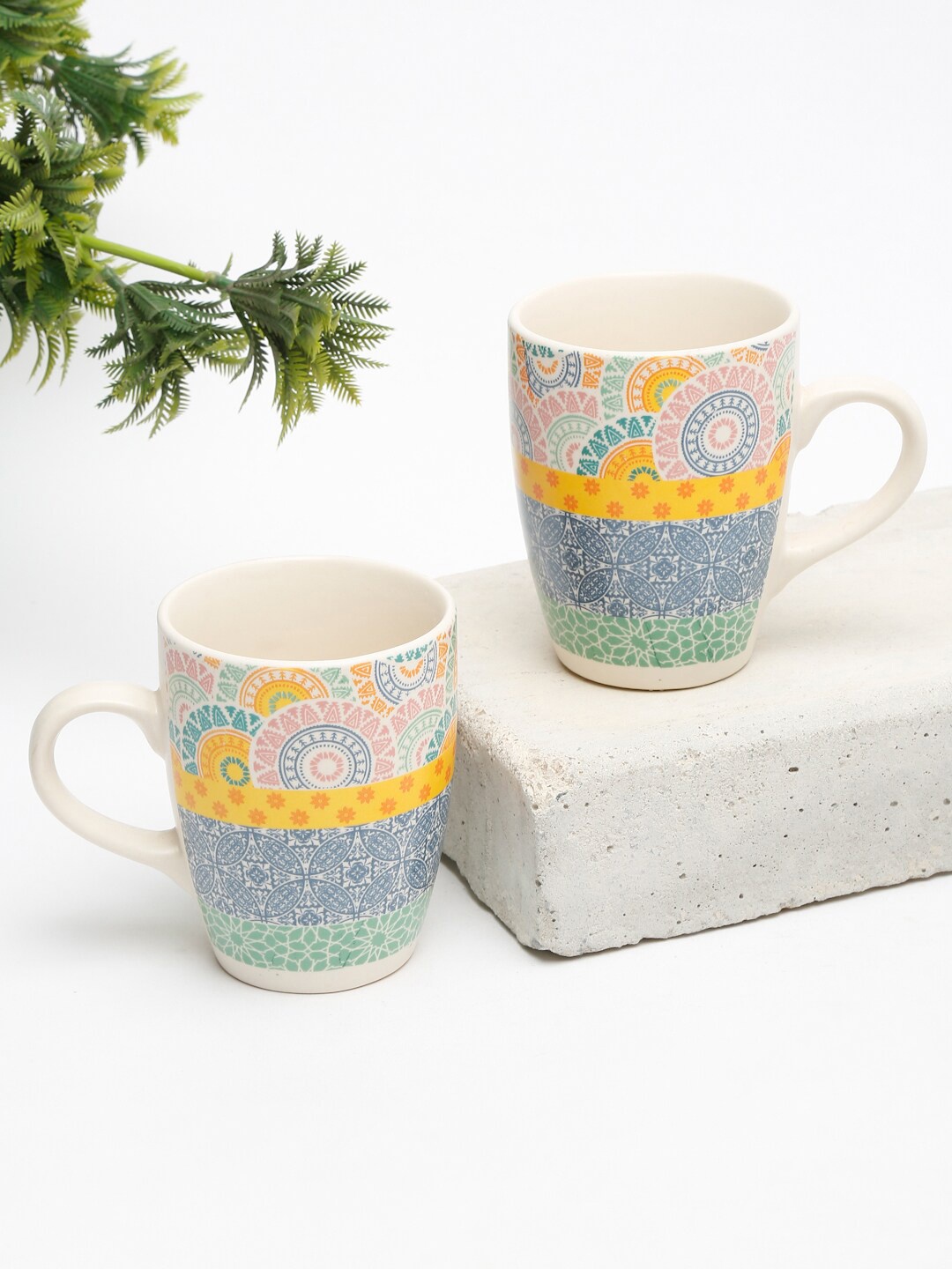 

EK BY EKTA KAPOOR White Set Of 2 Mosaic Printed Ceramic Mugs 240 ml Each, Off white