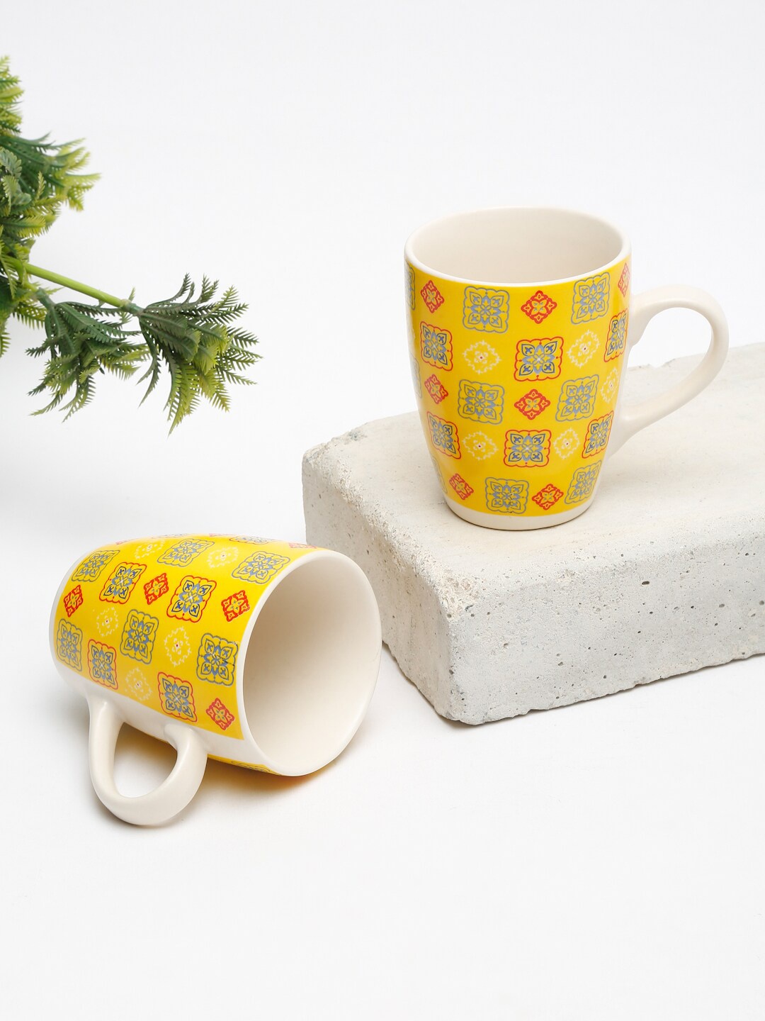 

EK BY EKTA KAPOOR Yellow Set Of 2 Mosaic Printed Ceramic Mugs 240 ml Each