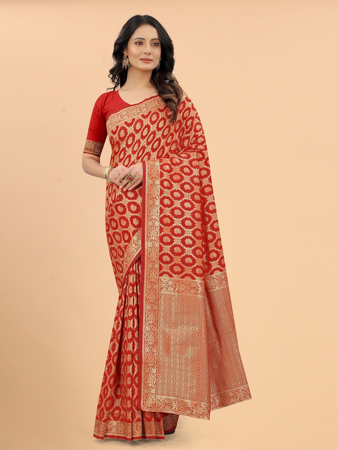 

VSaree Red & Gold-Toned Woven Design Zari Silk Blend Saree With Unstitched Blouse Piece