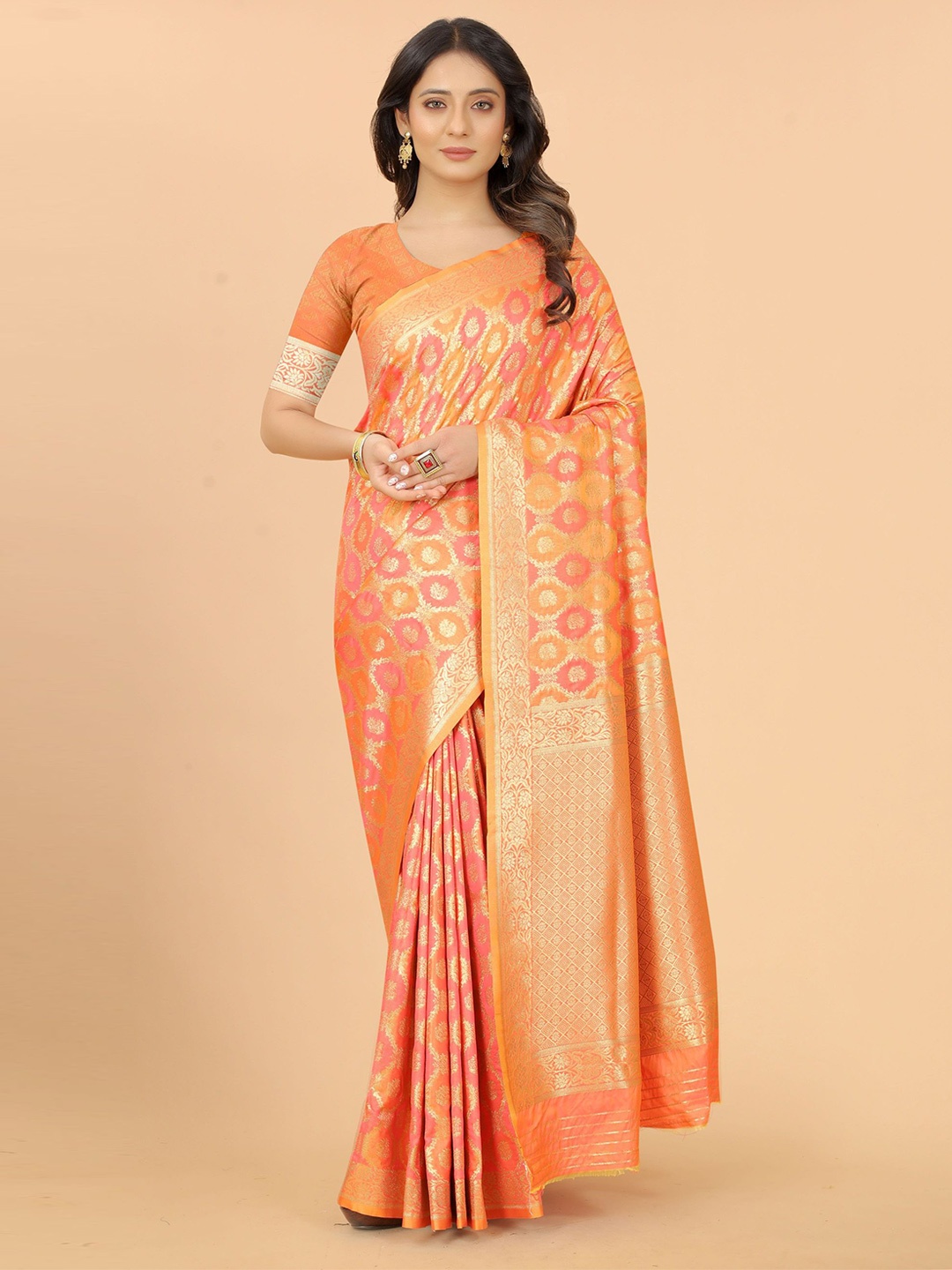 

VSaree Orange & Gold-Toned Woven Design Zari Silk Blend Saree With Unstitched Blouse Piece