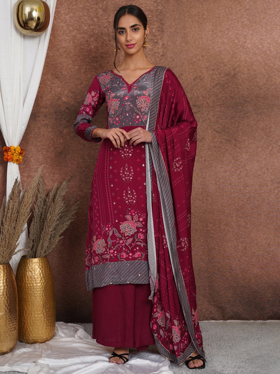 

Stylee LIFESTYLE Magenta & Grey Embroidered Silk Crepe Unstitched Dress Material