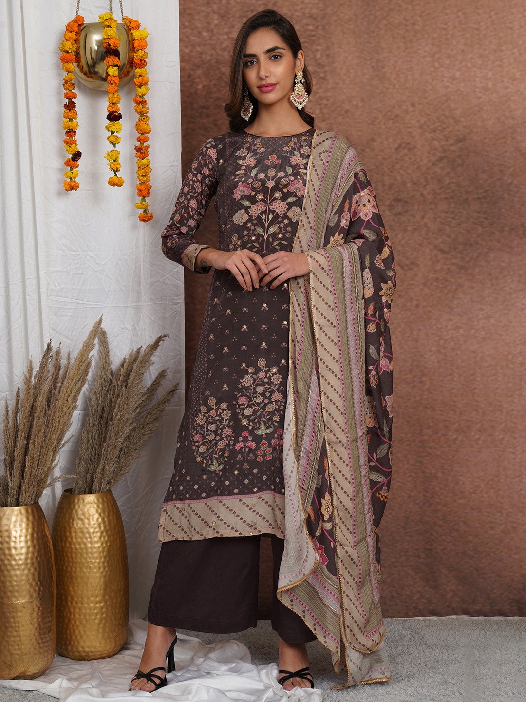 

Stylee LIFESTYLE Brown & Pink Embroidered Silk Crepe Unstitched Dress Material