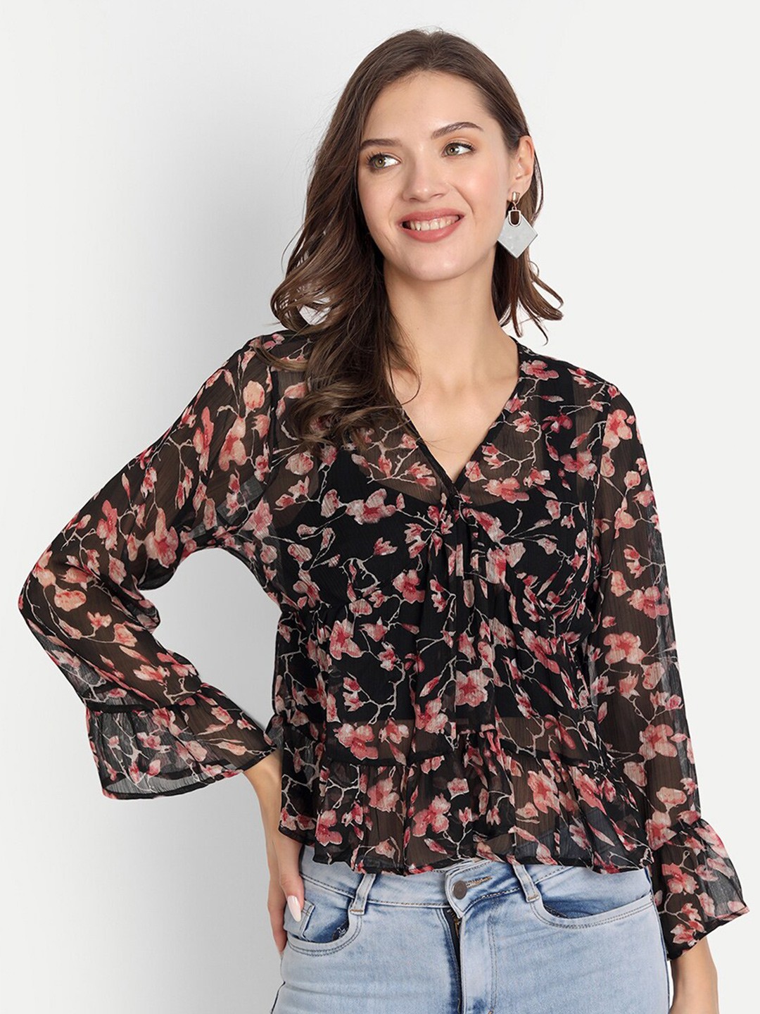 

D 'VESH Women Black & Pink Floral Printed Ruffles Chiffon Top