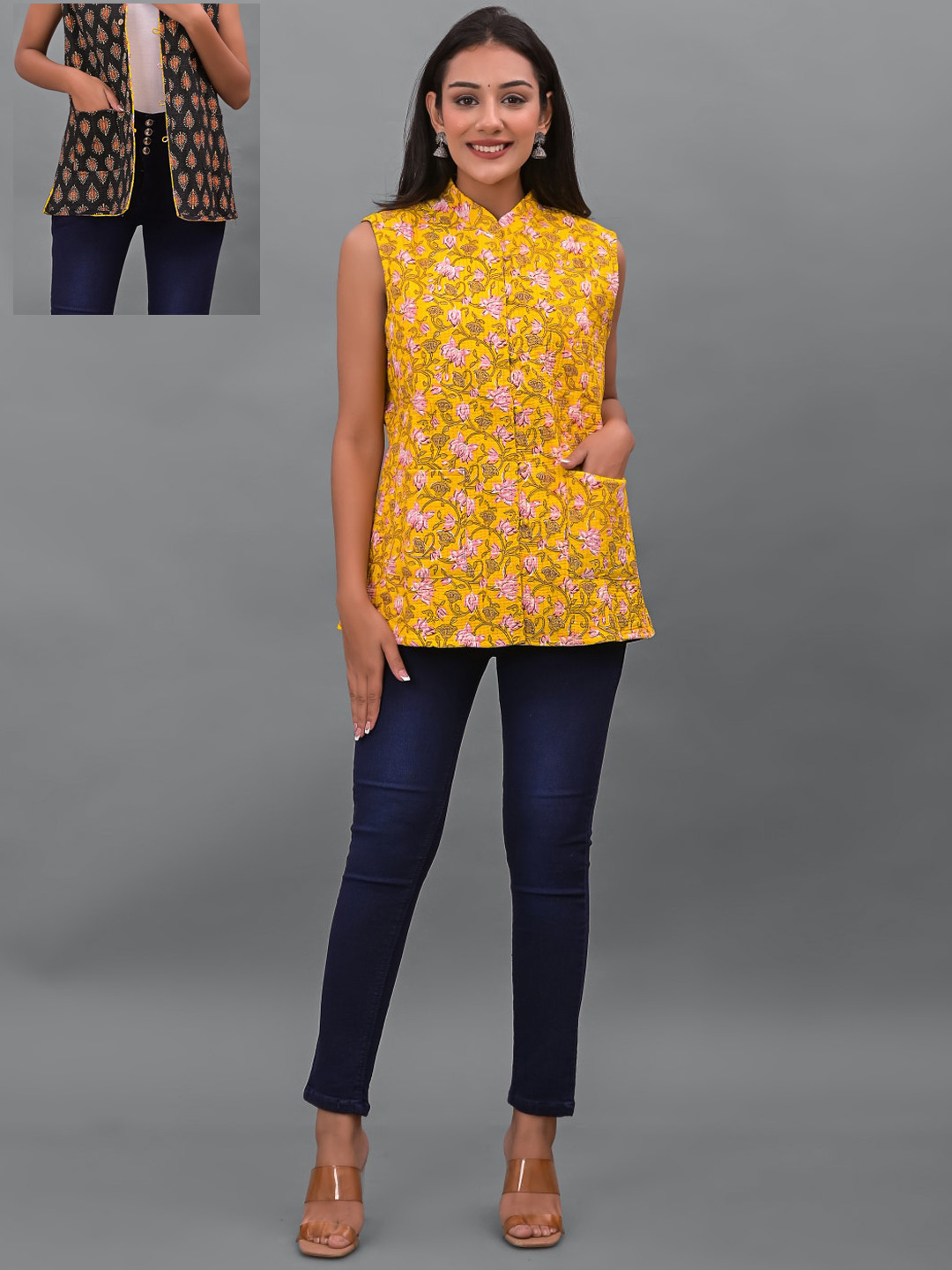

Apratim Women Yellow Black Floral Reversible Longline Cotton Jacket