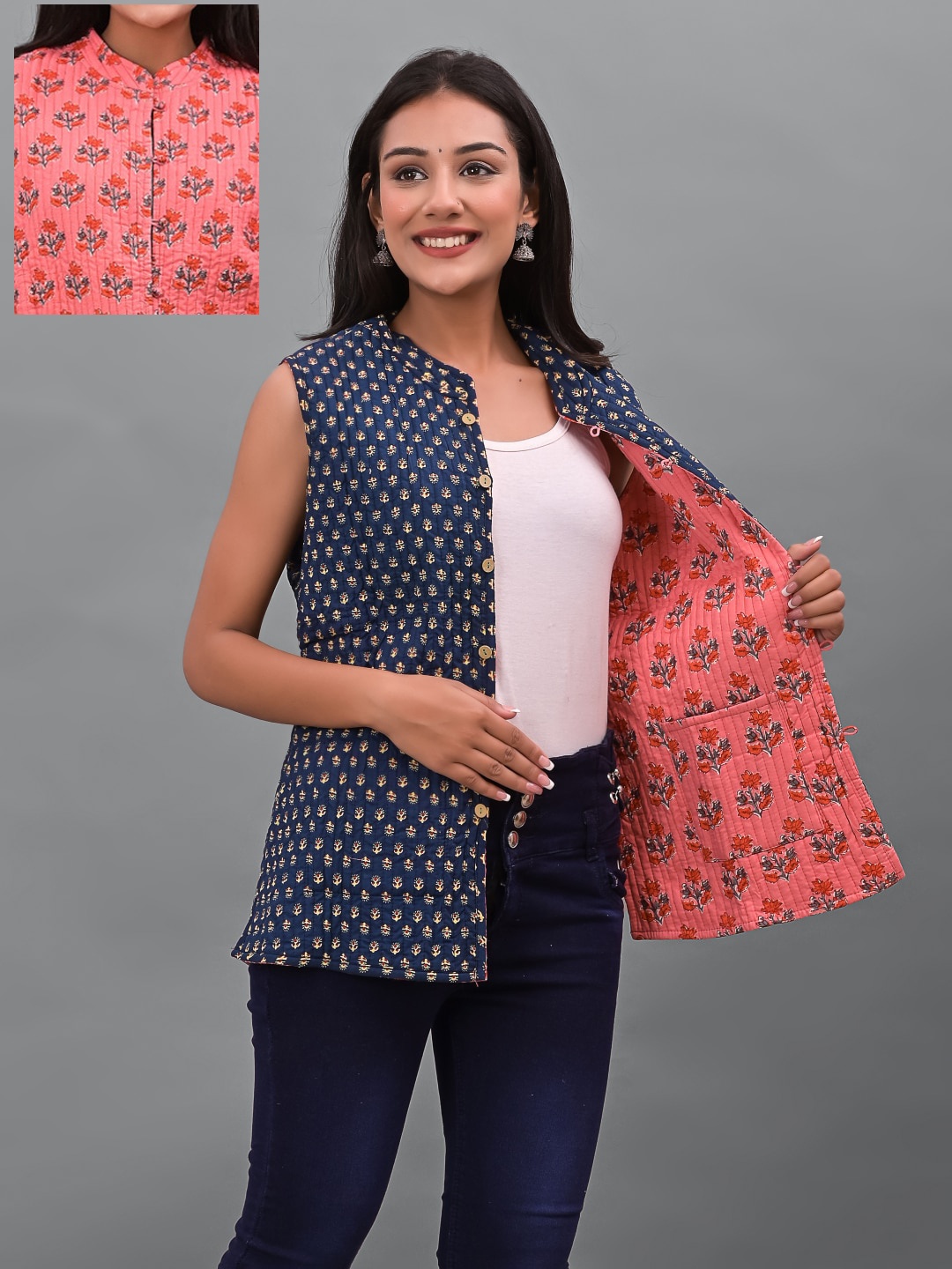 

Apratim Women Peach-Coloured Blue Floral Reversible Longline Tailored Cotton Jacket