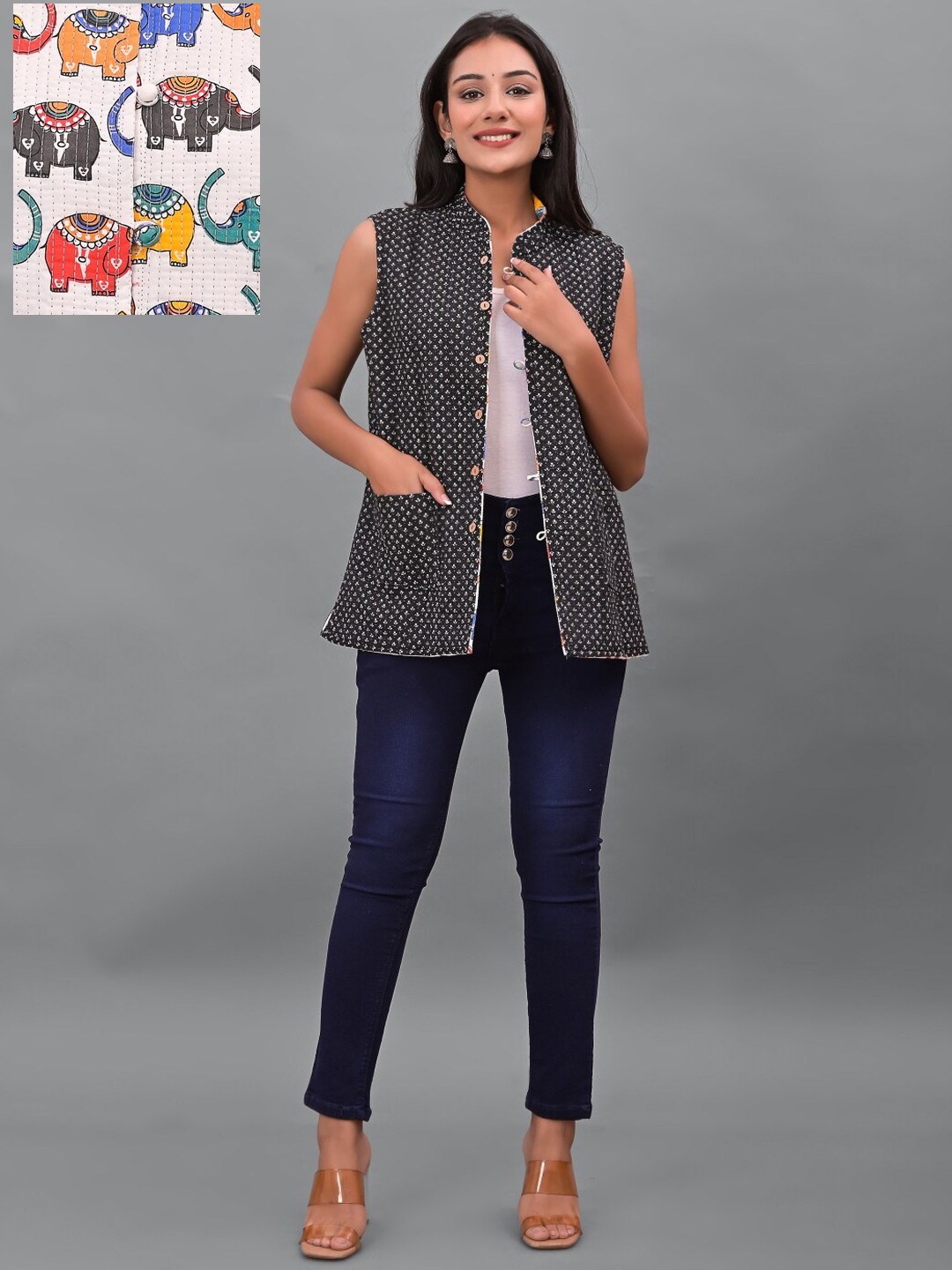 

Apratim Women White Black Floral Reversible Longline Tailored Cotton Jacket