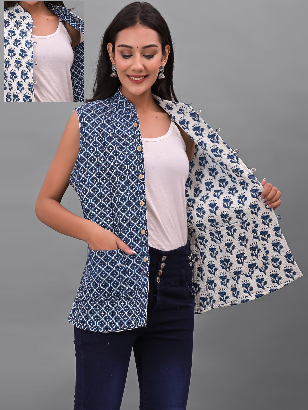 

Apratim Women White Blue Floral Reversible Tailored Cotton Jacket